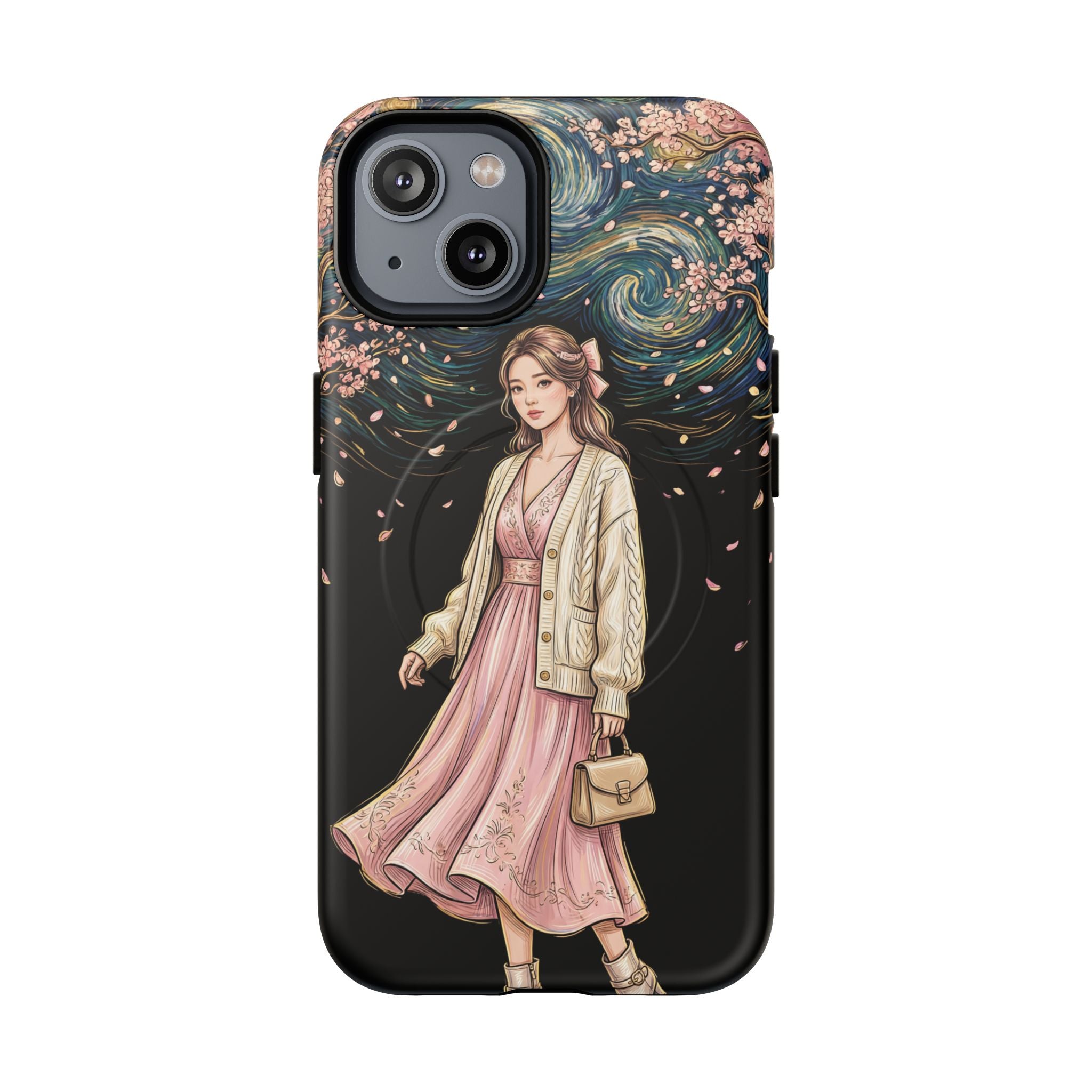 Floral Starry Night MagSafe iPhone Case | Elegant Girl in Pink Dress