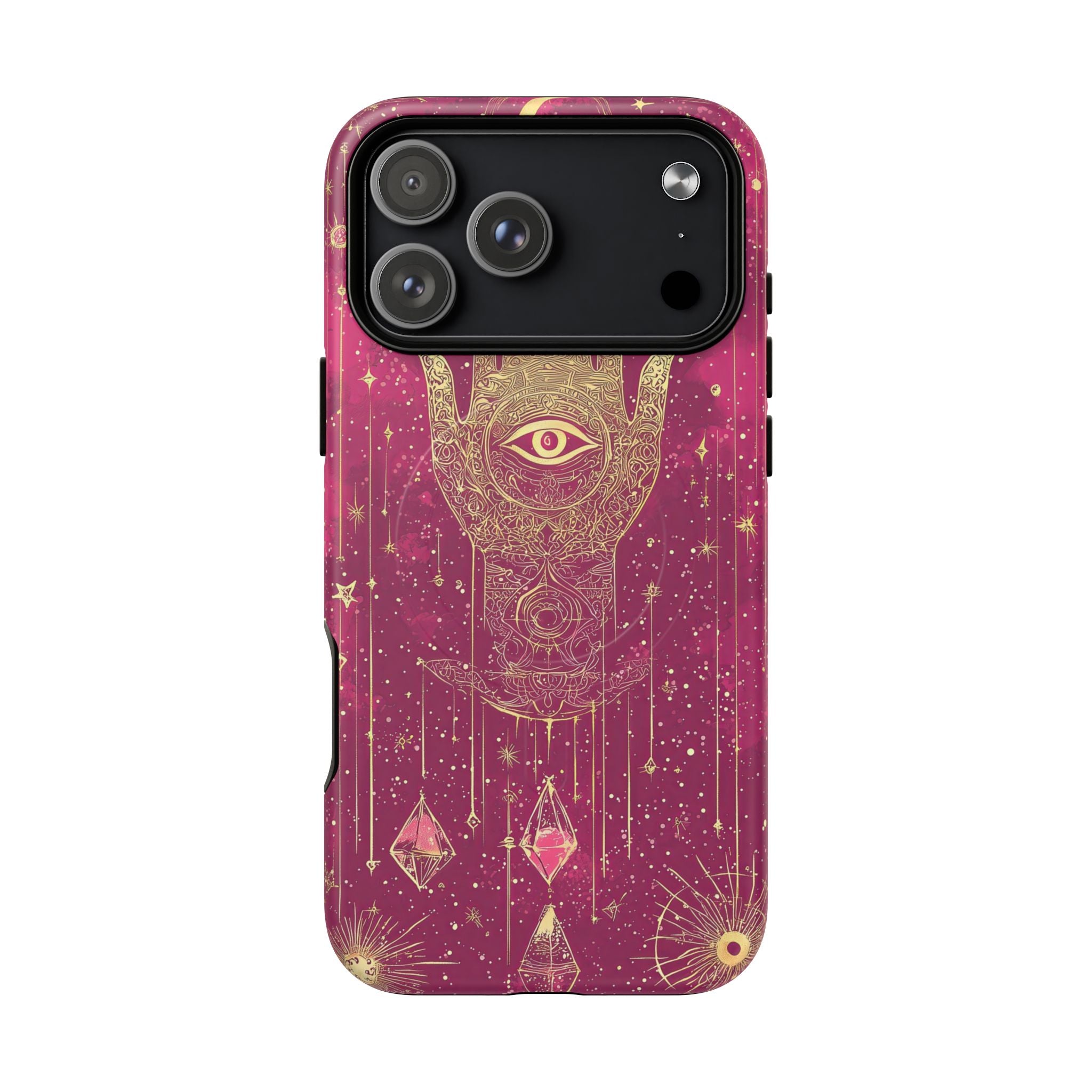 Custodia MagSafe per iPhone Mystic Hamsa | Palma dorata e occhio onniveggente su galassia magenta