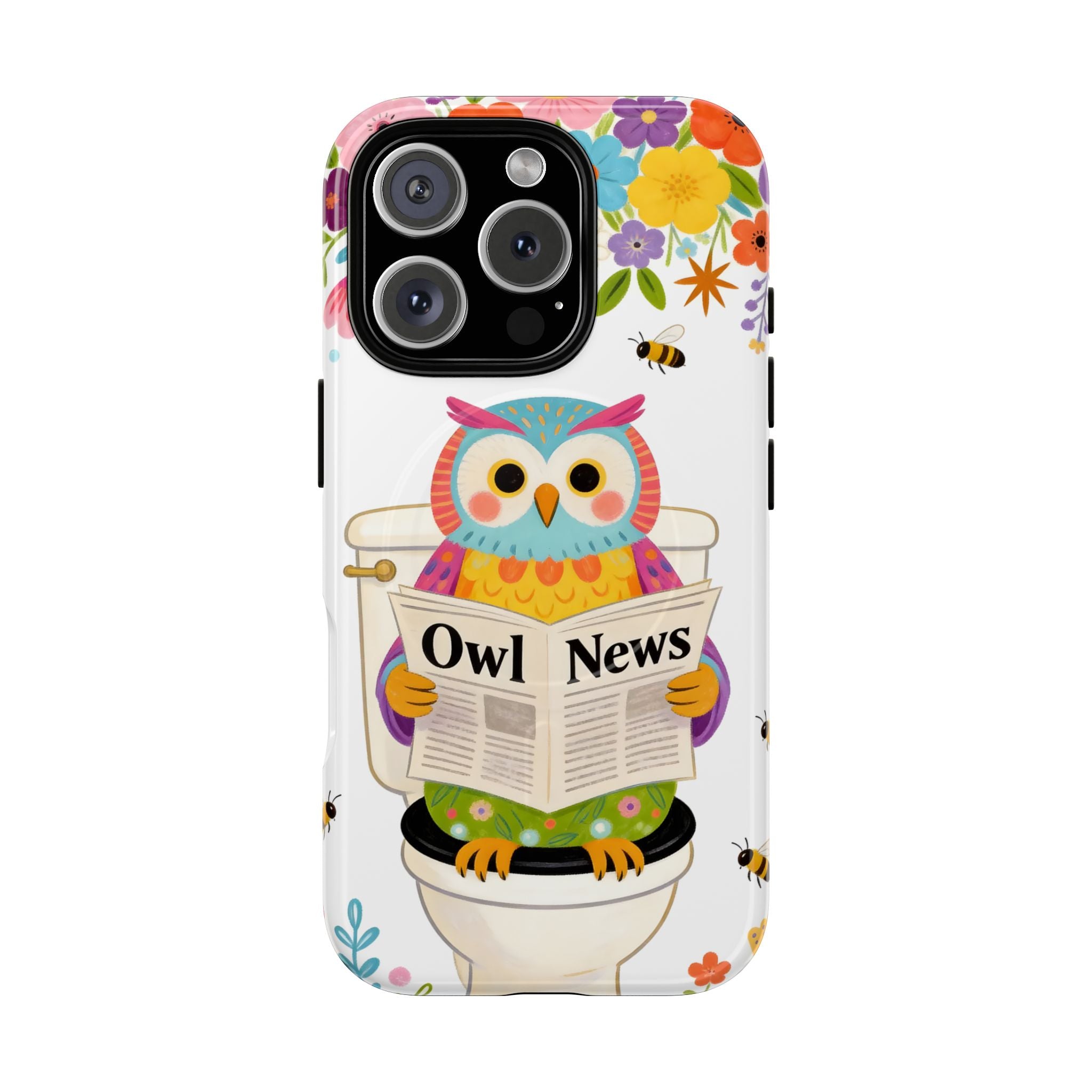 Owl News Floral MagSafe iPhone Case | Cute Owl Reading Newspaper on Toilet