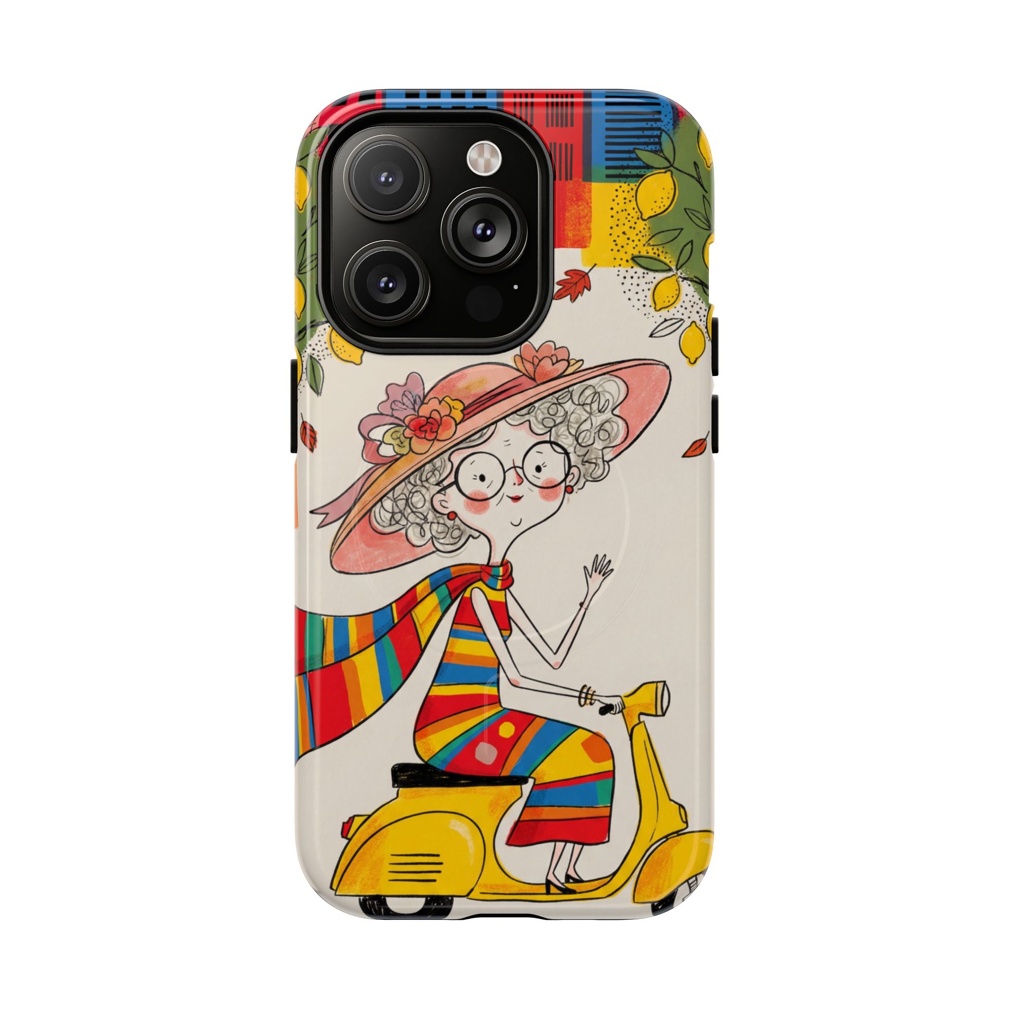 Vintage Scooter Granny MagSafe iPhone Case | Colourful Retro Elderly Lady Design