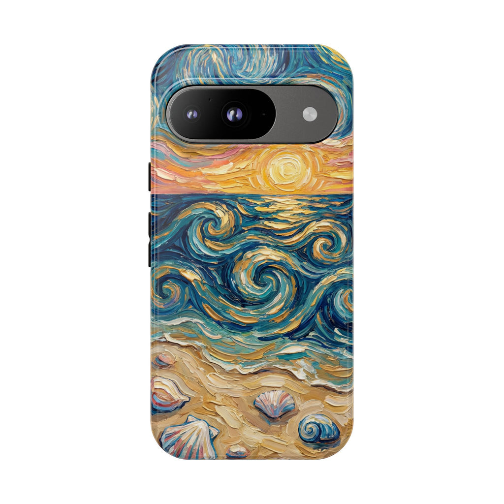 Sea Sunset Google Pixel Case — Van Gogh‑Style Beach Waves with Shells