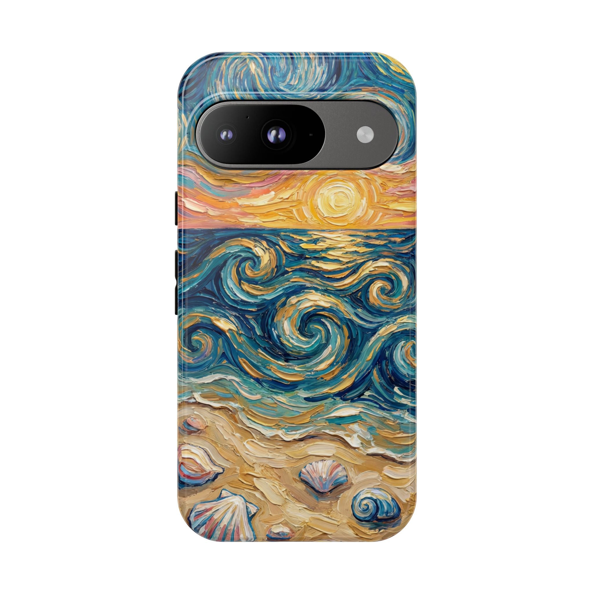 Sea Sunset Google Pixel Case — Van Gogh‑Style Beach Waves with Shells