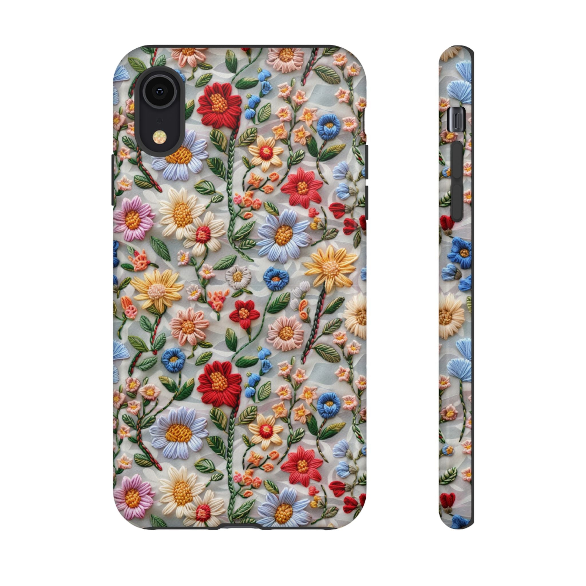 Floral Embroidered Pattern Tough iPhone Case — Colourful Daisy & Wildflower Design