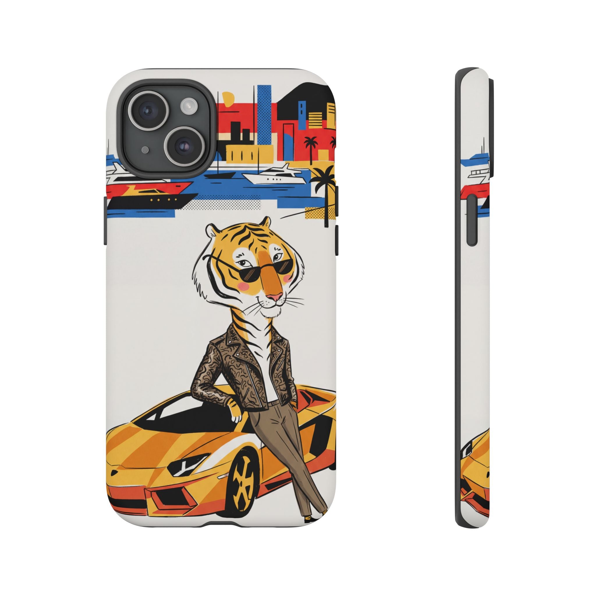 Stylish Tiger with Sports Car Illustration iPhone Case