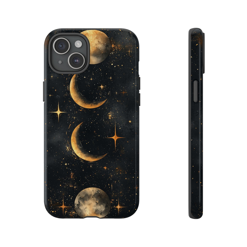 Celestial Moon Phases Tough iPhone Case | Gold Crescent & Full Moon Galaxy Design