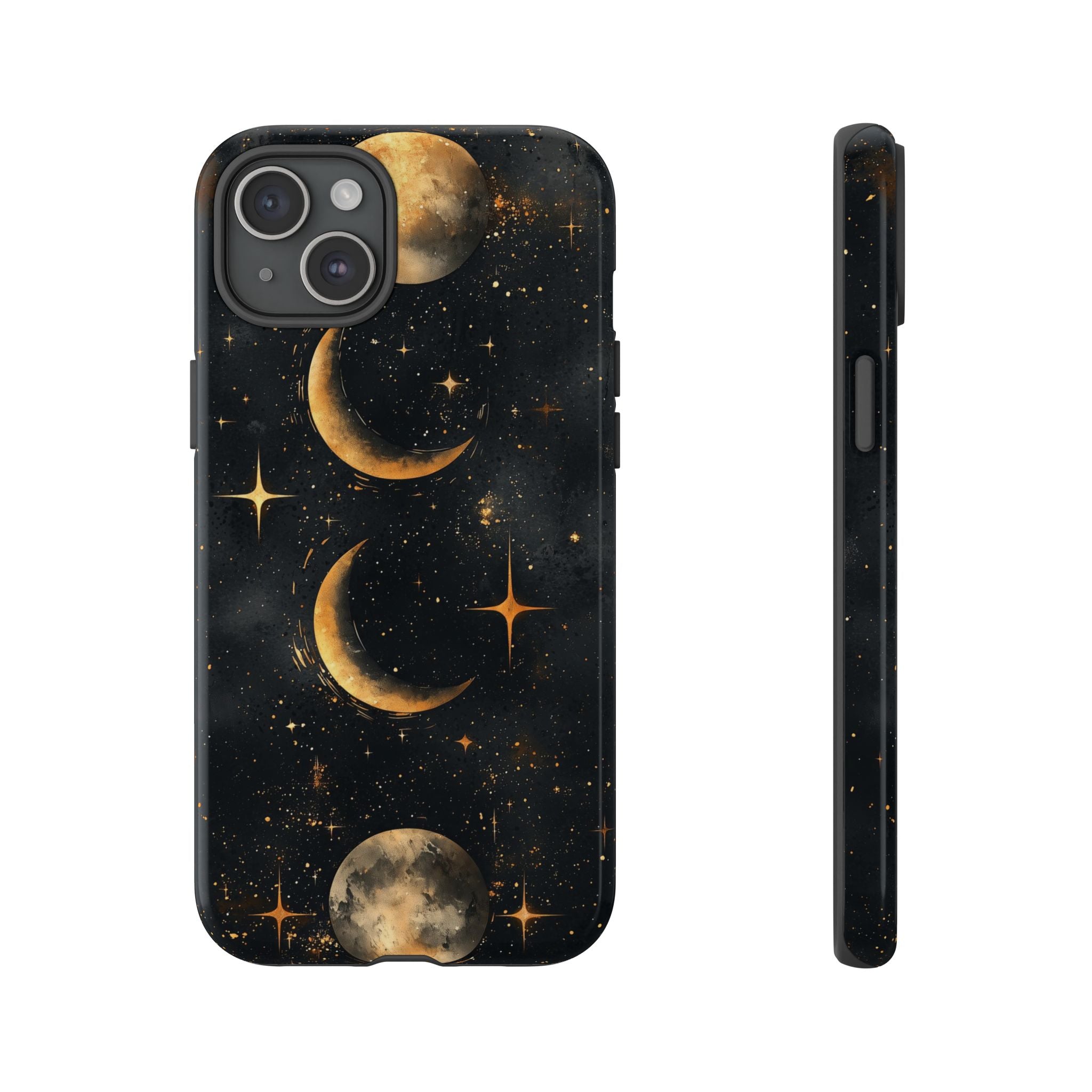 Celestial Moon Phases Tough iPhone Case | Gold Crescent & Full Moon Galaxy Design