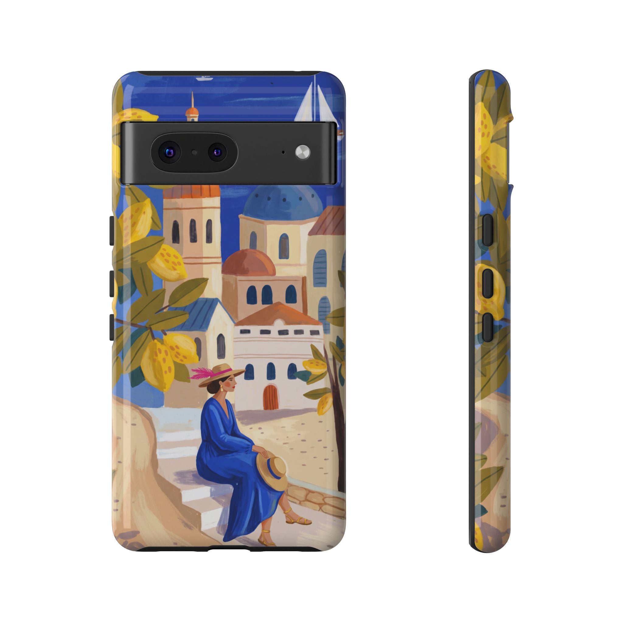 Mediterranean Village Google Pixel Phone Case | Scenic Sailboat & Lemon Grove Design
