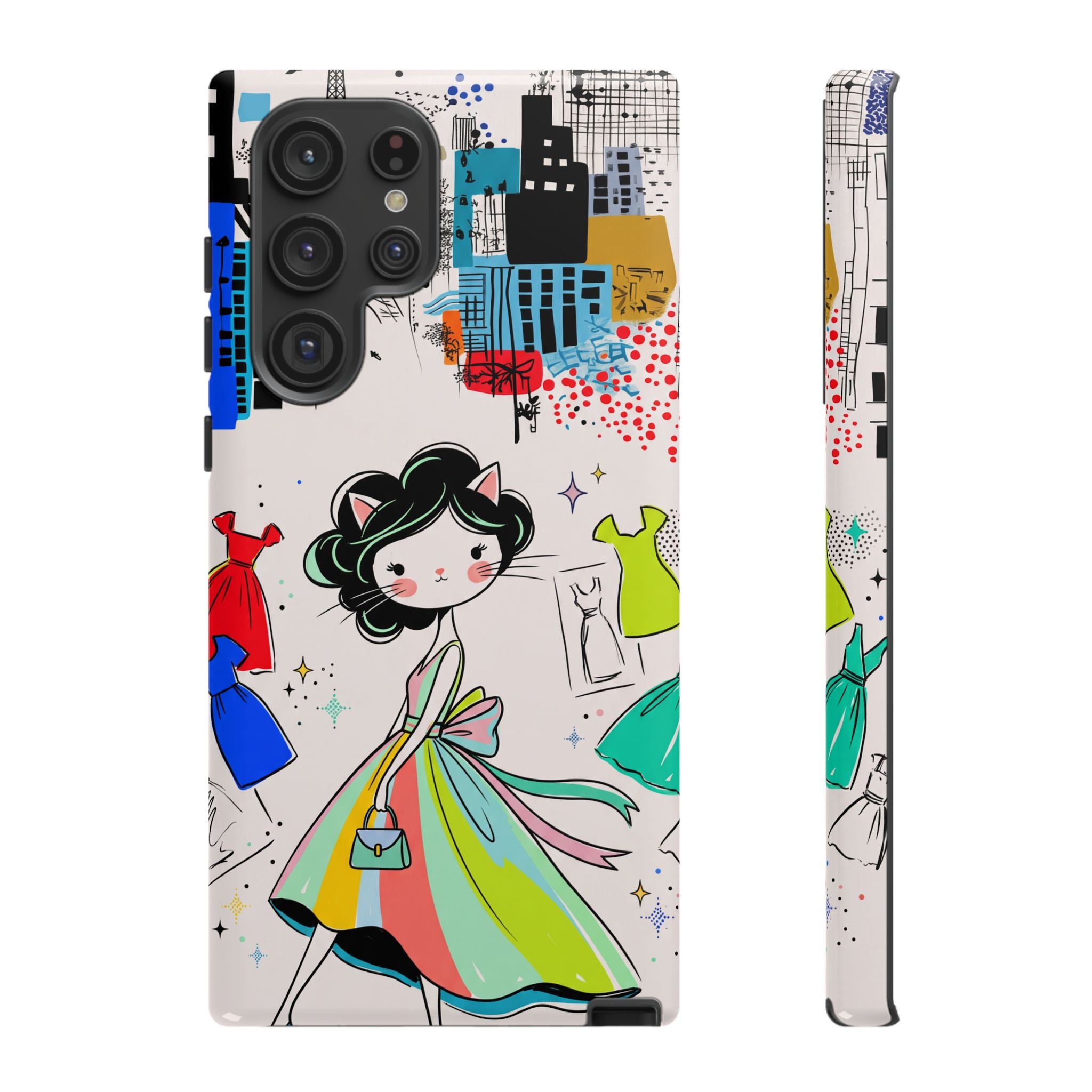 Retro Fashion Cat Girl Samsung Galaxy Phone Case | Cute Dress & City Print