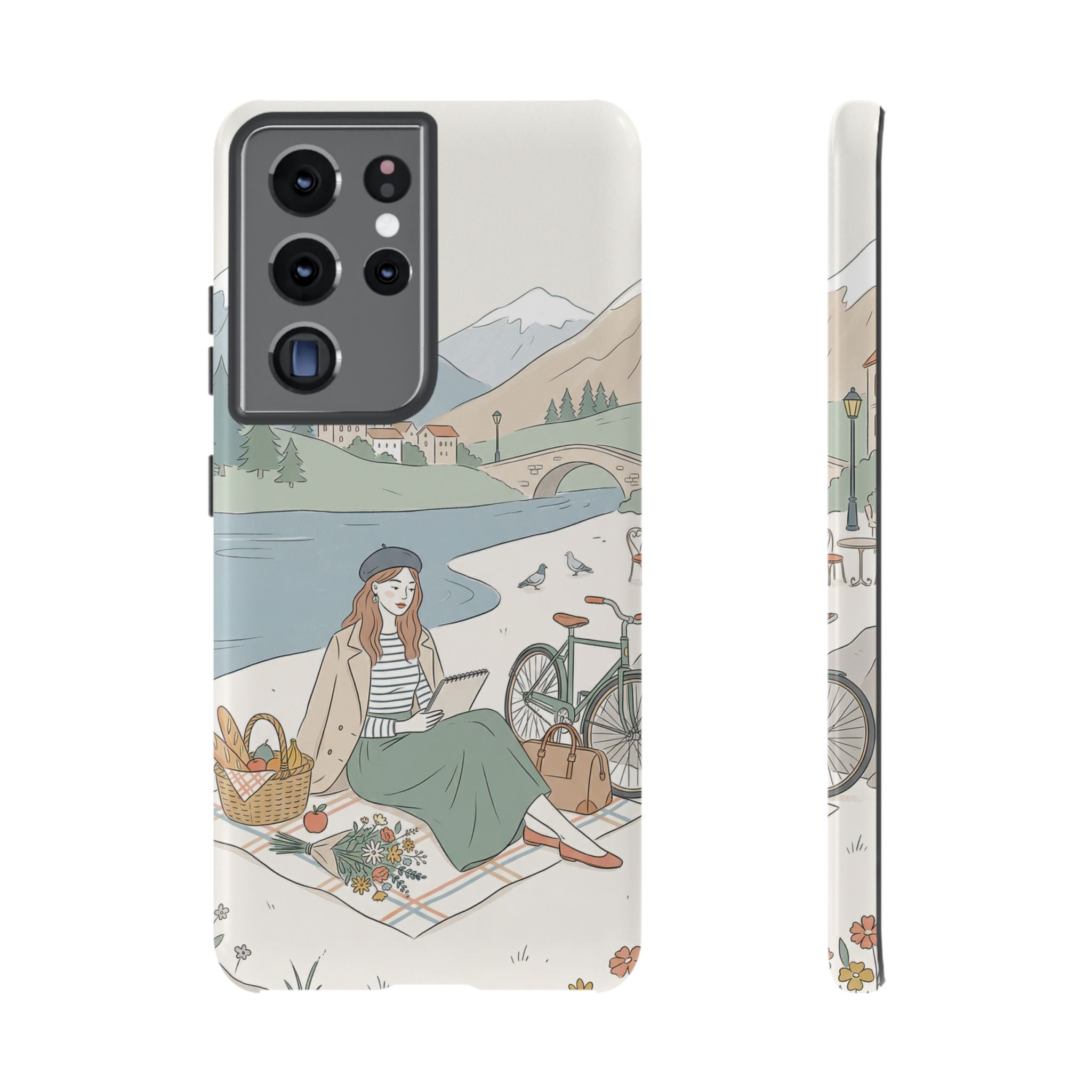 Scenic Picnic Samsung Galaxy Phone Case | Vintage Bicycle & Mountain Illustration