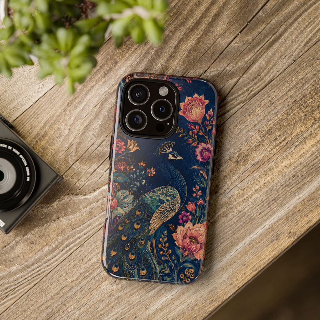 Peacock Floral Tough iPhone Case | Antique Indigo Gold Art Cover
