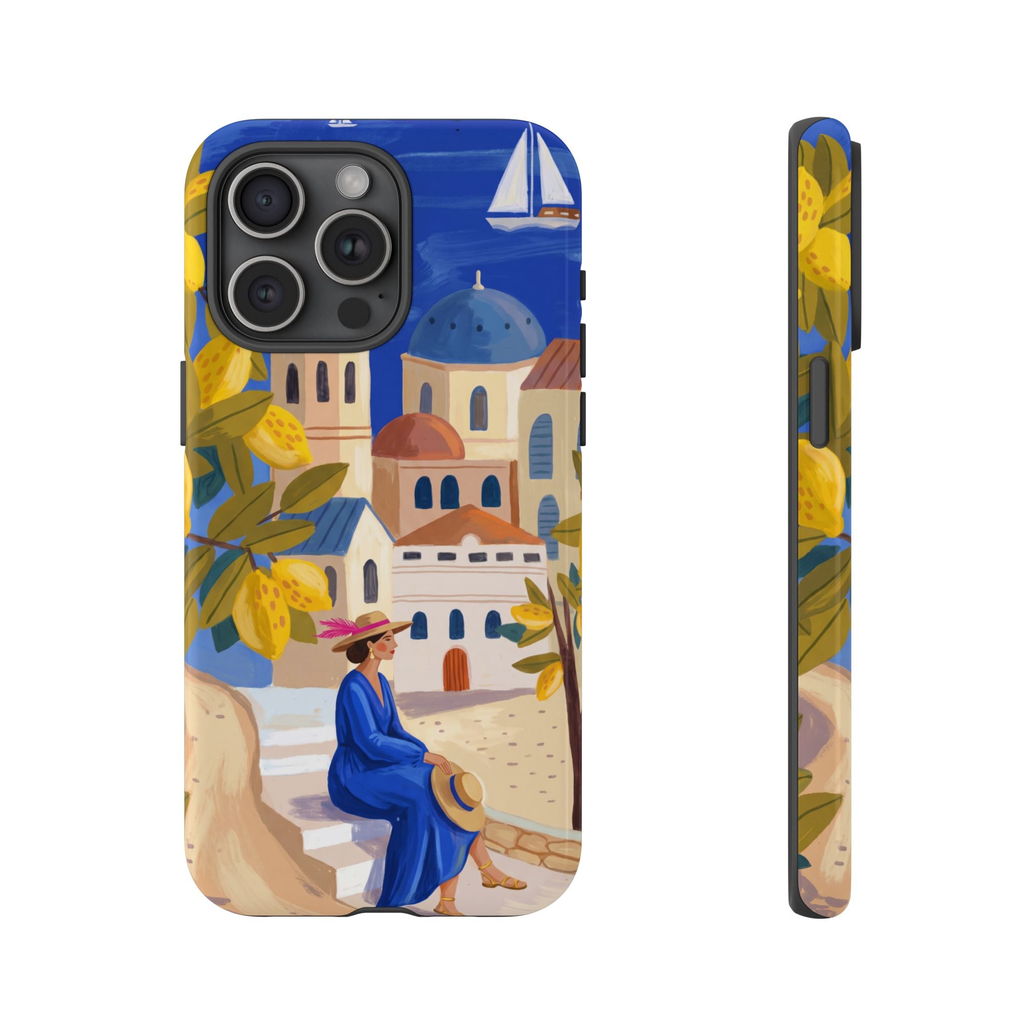 Mediterranean Village iPhone Case | Scenic Sailboat & Lemon Grove Design