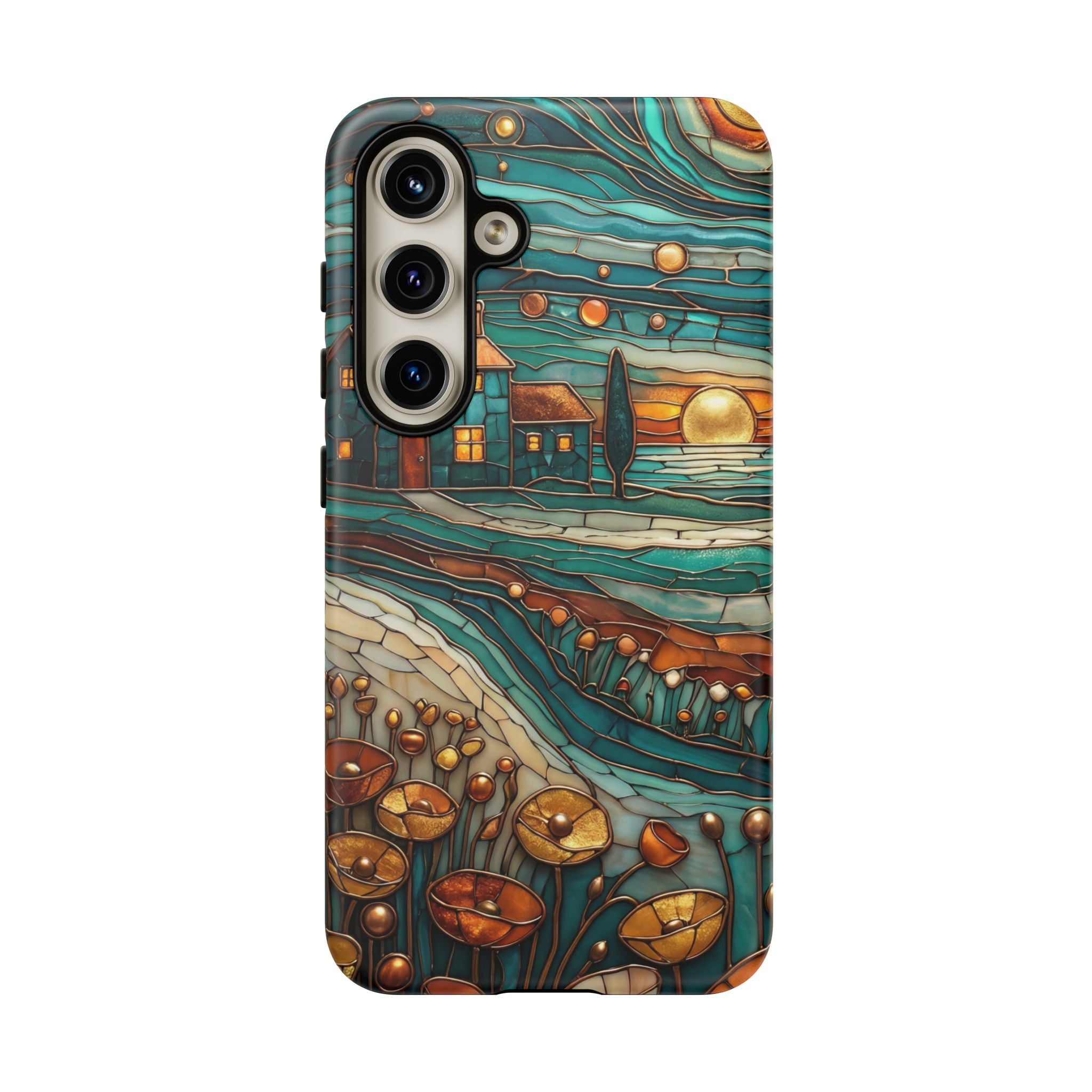 Artistic Sunset Cottage Samsung Galaxy Case | Whimsical Floral Landscape Protective Cover
