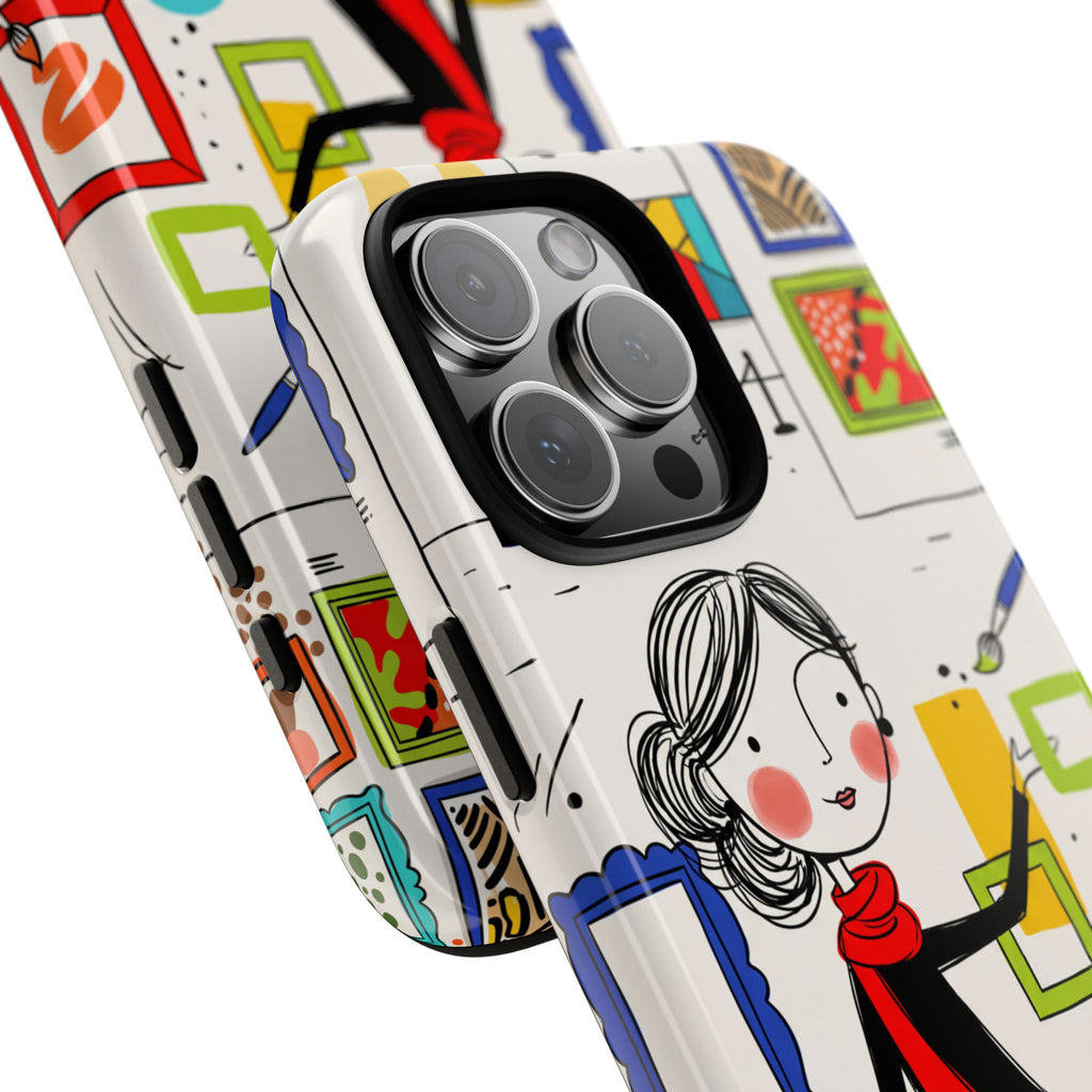 Cover per iPhone con illustrazione di galleria d'arte | Design con donna e cornici carine