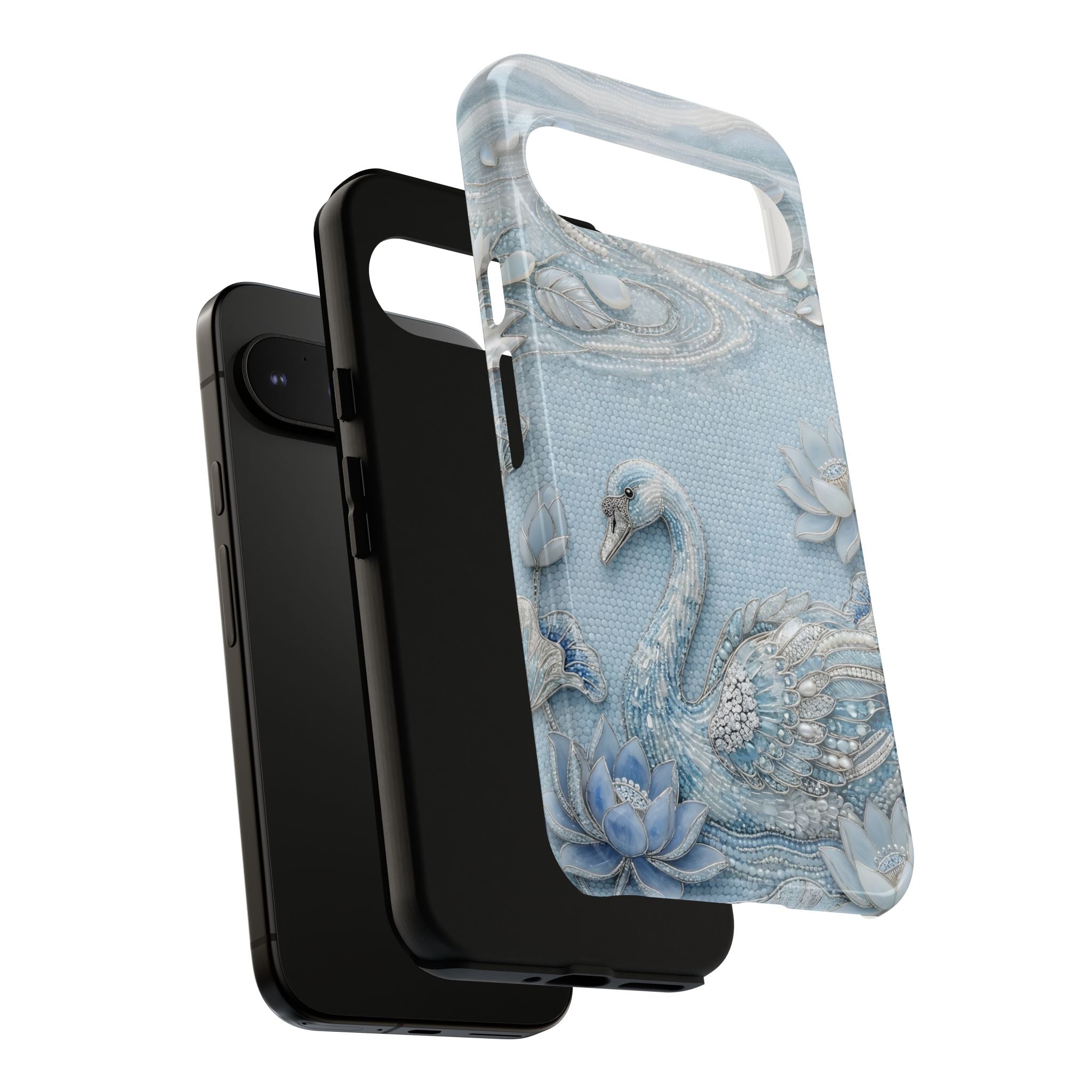 Swan Lake Floral Google Pixel Phone Case | Sparkling Blue Swan Protective Case
