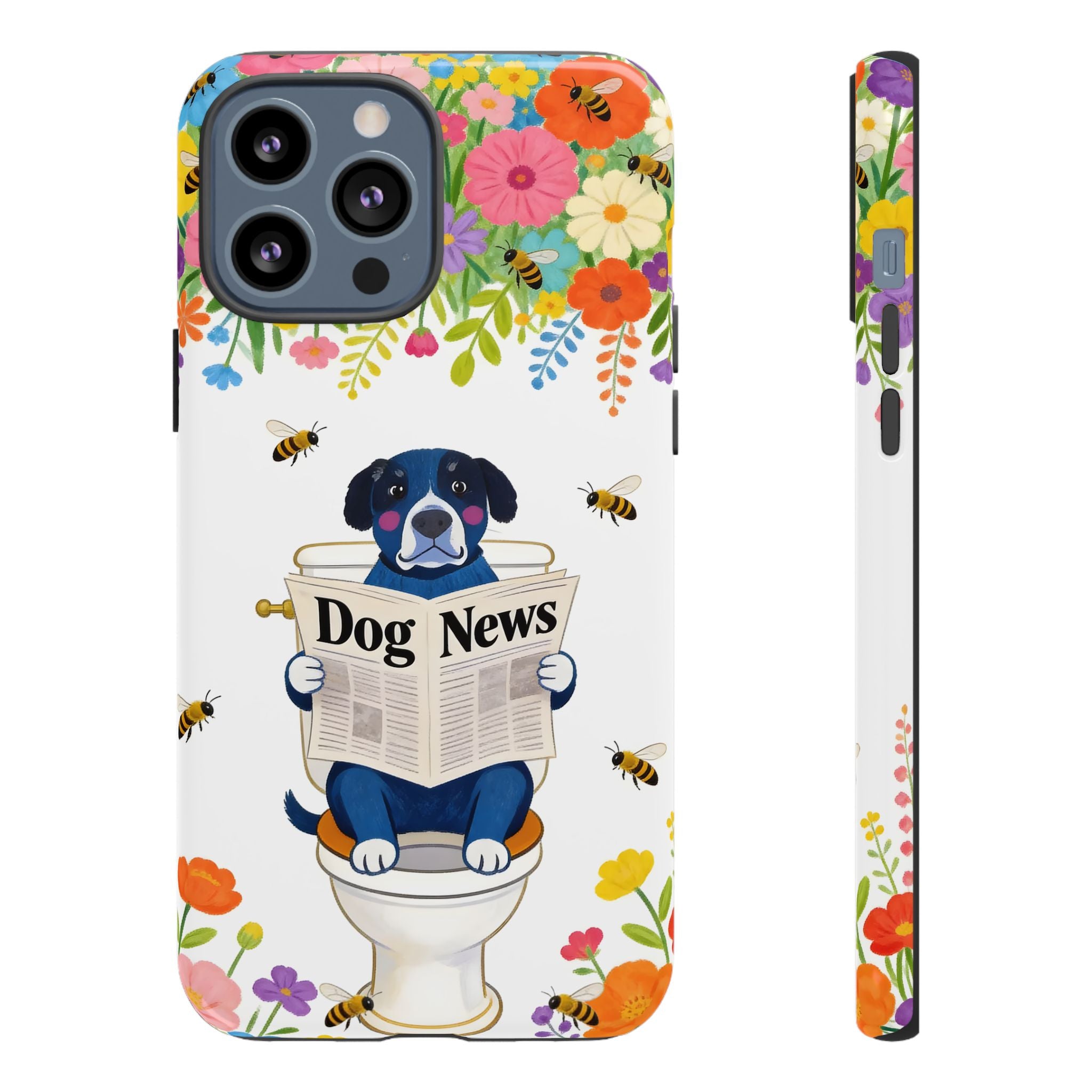 Dog News Floral iPhone Case | Cute Dog on Toilet Pattern, Spring Floral iPhone Cover