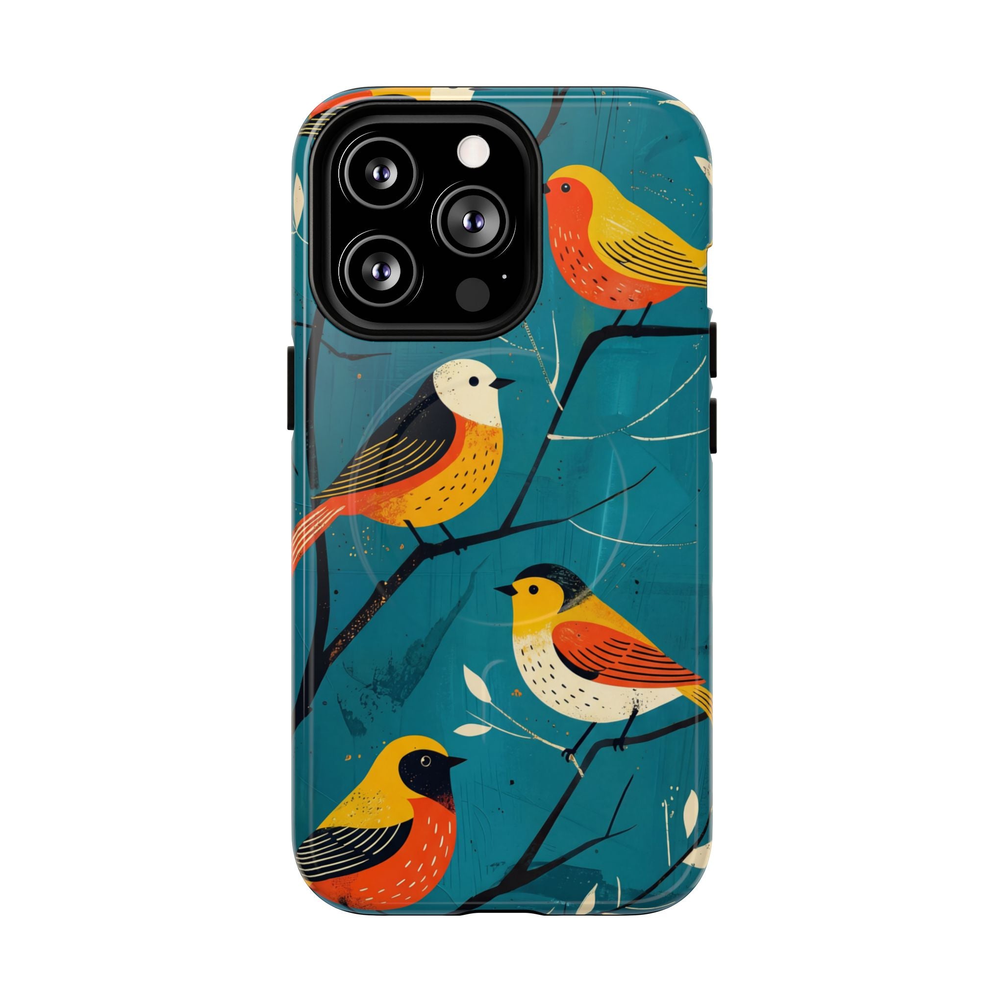 Bird Pattern Tough MagSafe iPhone Case | Colourful Songbirds on Teal Background