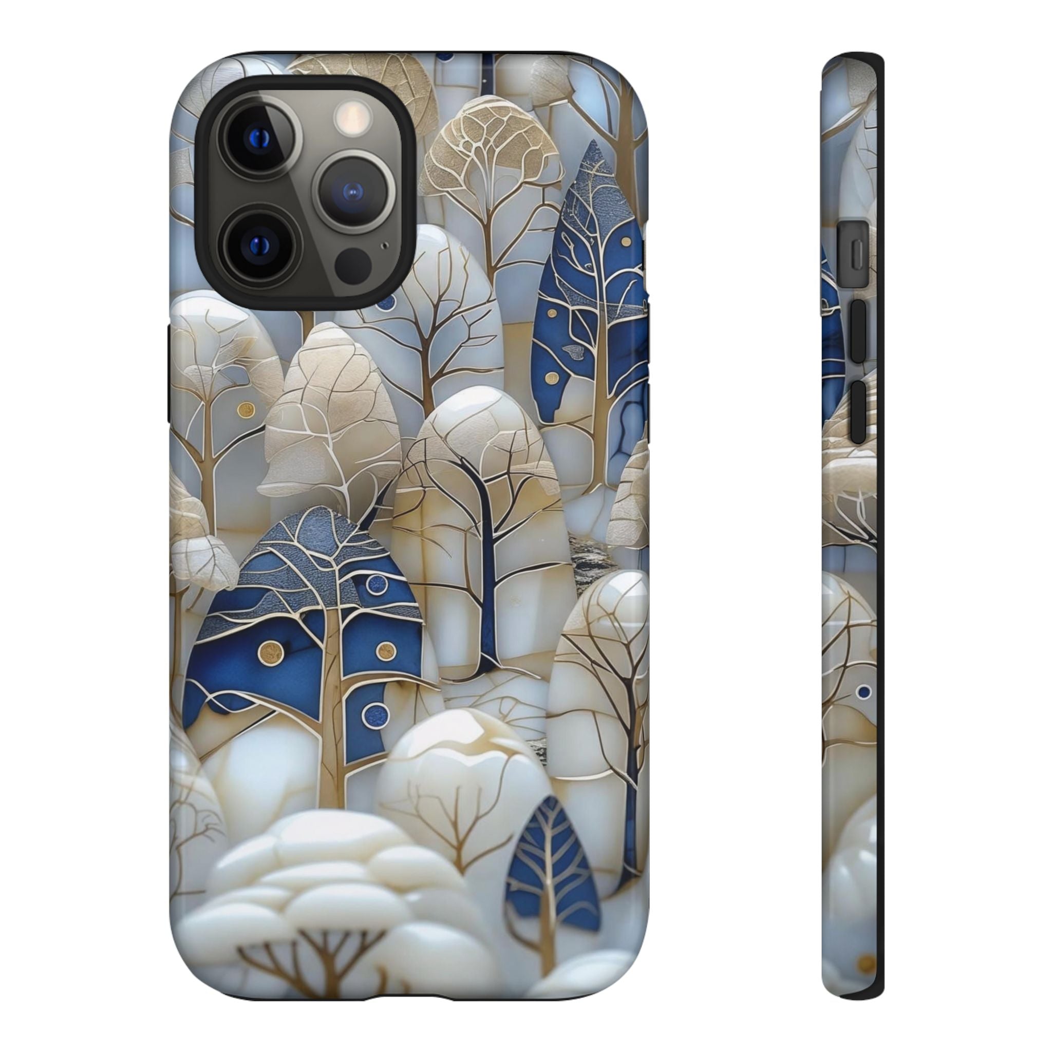 Blue Gold Winter Forest iPhone Case — Elegant Tree Pattern Tough Case