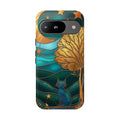 Stained Glass Night Cat Google Pixel Case | Teal & Gold Art Deco Protection