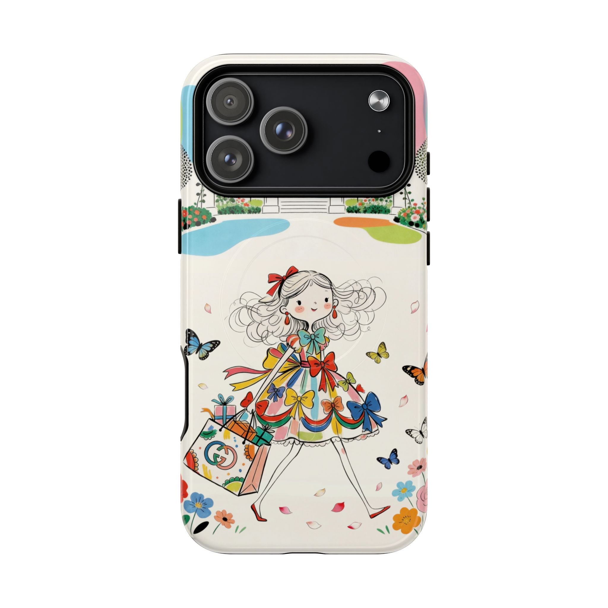 Whimsical Shopping Girl MagSafe iPhone Case | Cute Floral Butterfly Tough Case