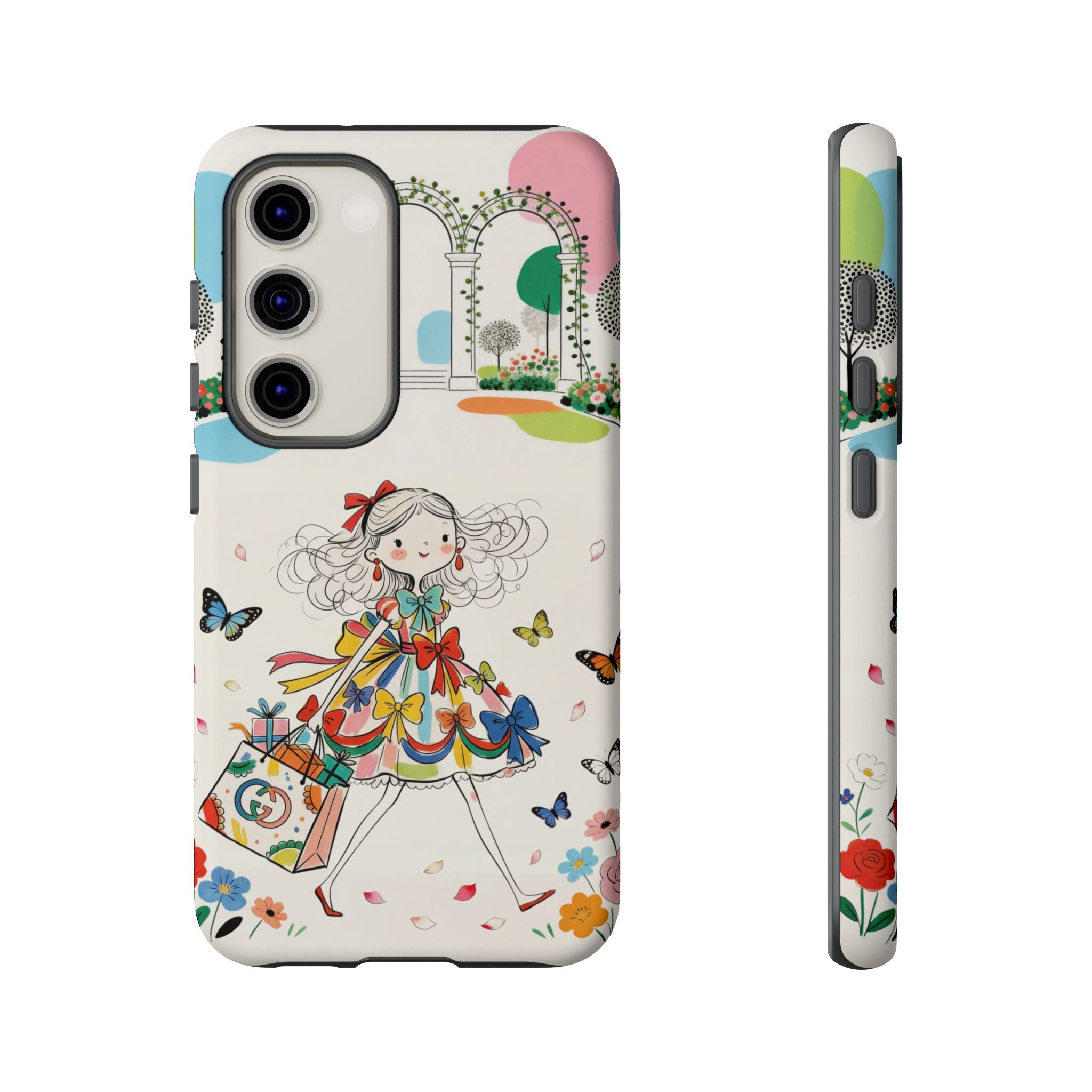 Whimsical Shopping Girl Samsung Galaxy Phone Case | Cute Floral Butterfly Tough Case