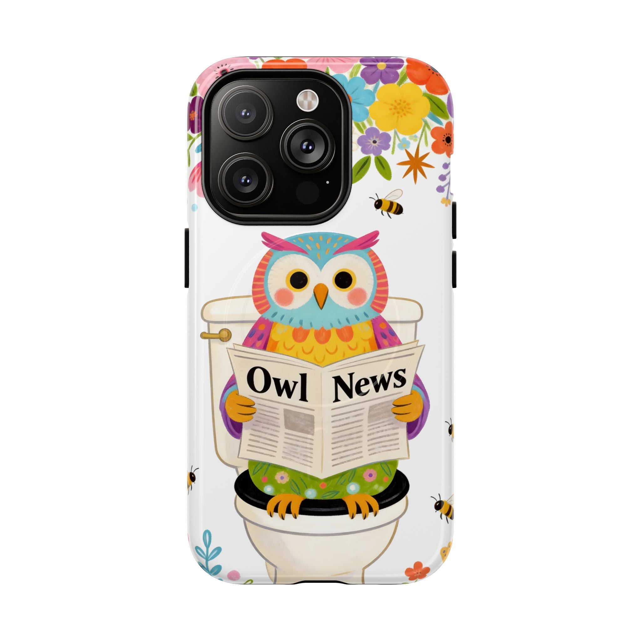 Owl News Floral MagSafe iPhone Case | Cute Owl Reading Newspaper on Toilet