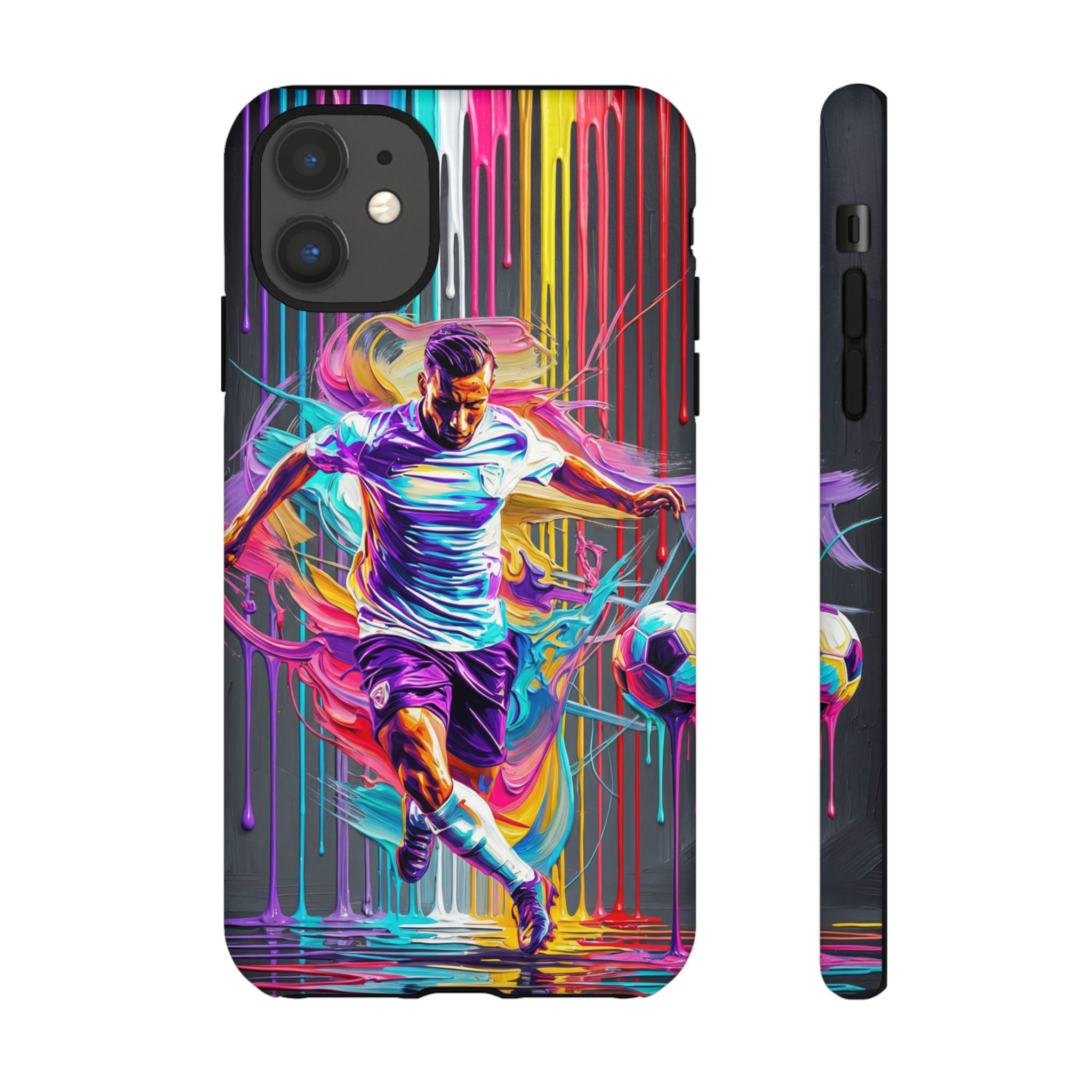 Soccer Player Neon Art iPhone Case | Vibrant Football Kick Protective Cover