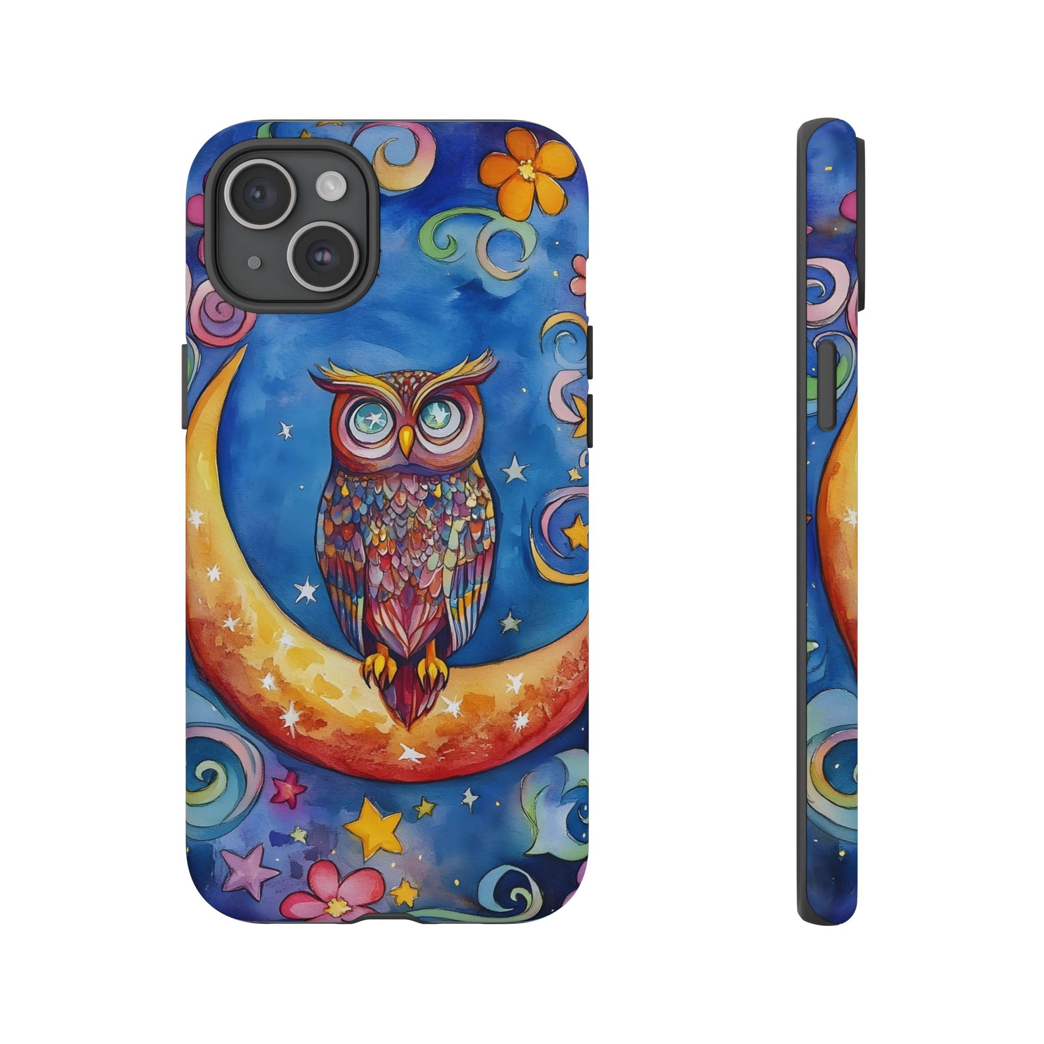Owl on Crescent Moon iPhone Case — Colourful Whimsical Night Sky Design