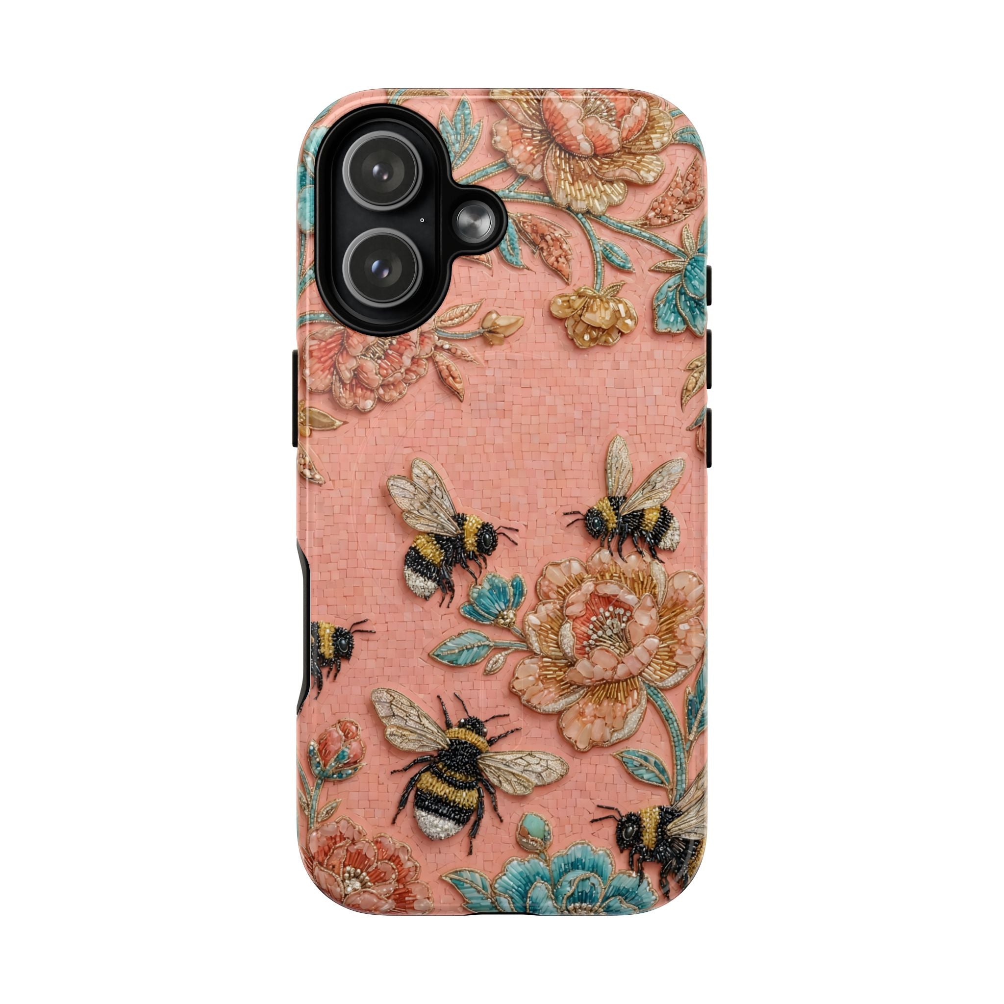 Floral Bee Tough MagSafe iPhone Case | Vintage Pink Garden Protective Cover