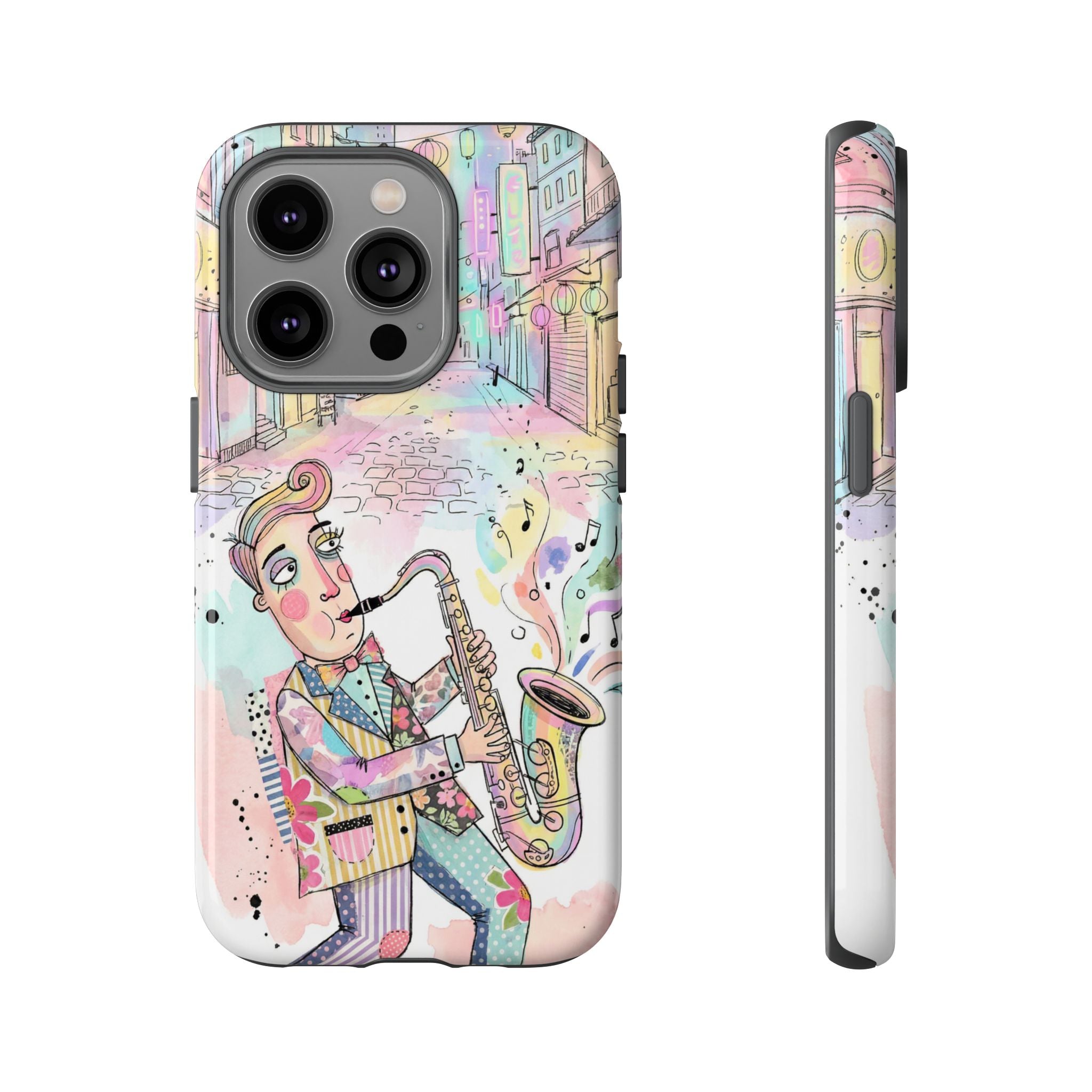 Sax Player Art iPhone Case | Pastel Jazz Street Illustration