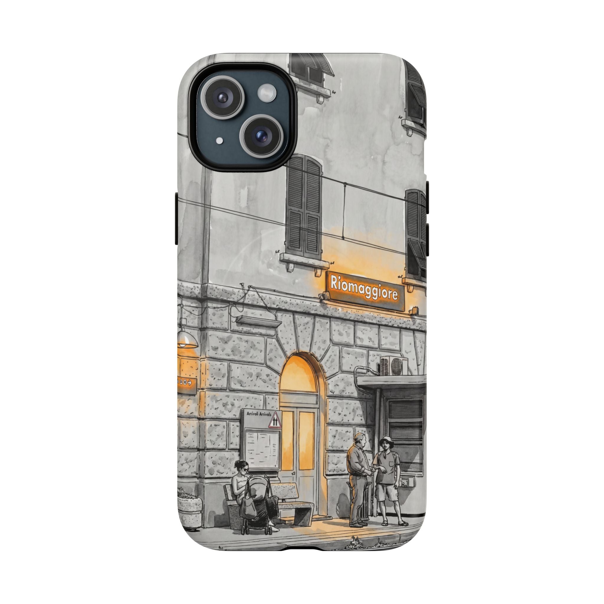 Custodia per telefono MagSafe con motivo stazione ferroviaria Cinque Terre | Schizzo in bianco e nero con accenti giallo caldo