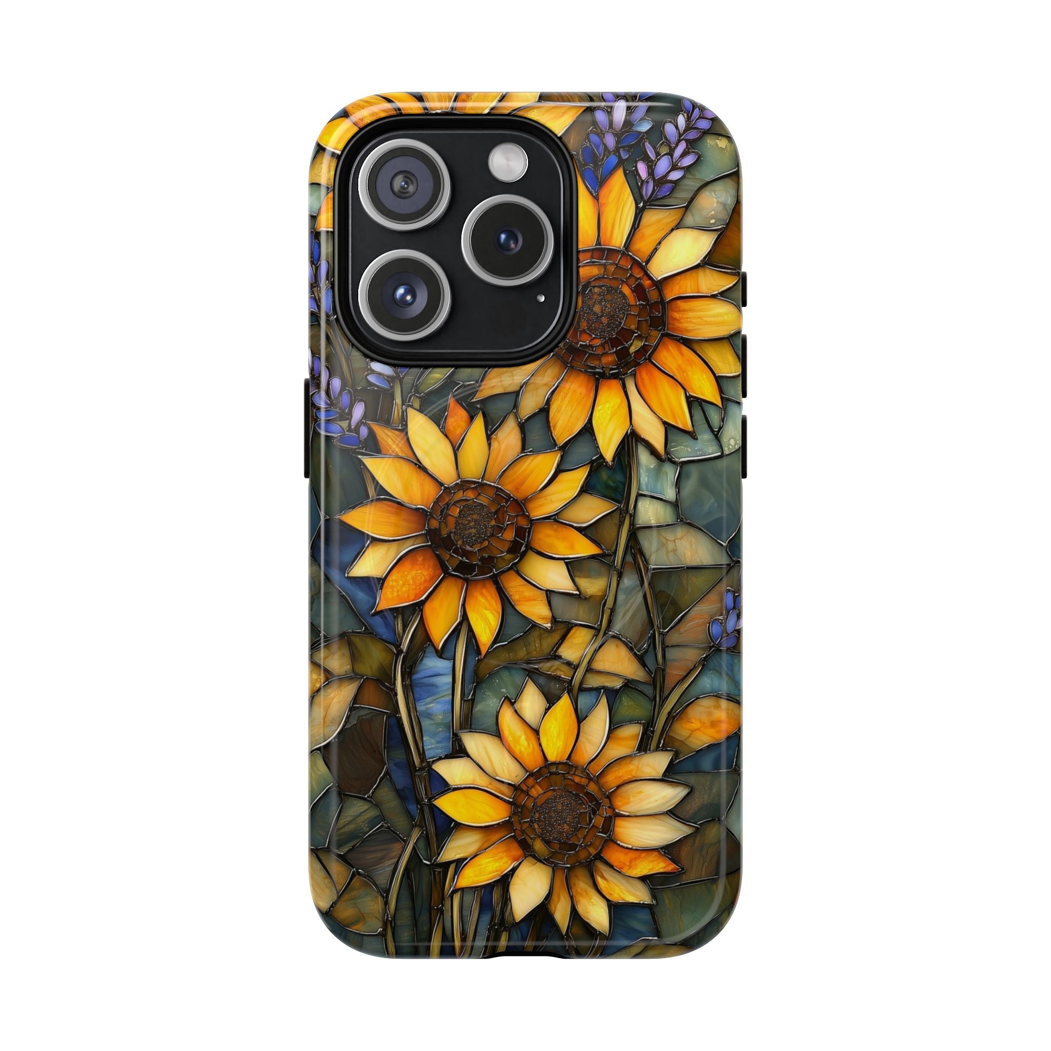 Custodia MagSafe resistente per iPhone con motivo a girasole in vetro colorato