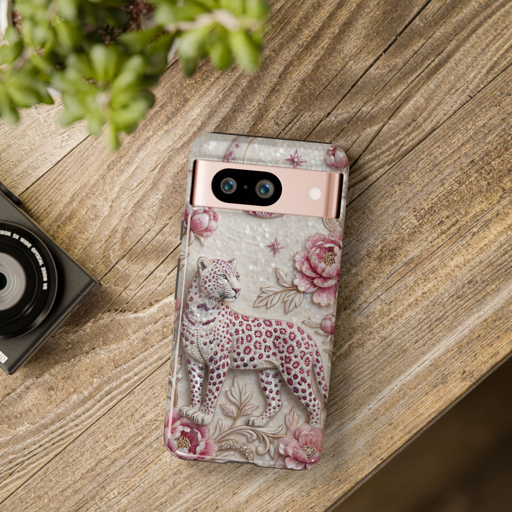 Cover Protettiva Botanica Vintage Rosa per Google Pixel con Leopardo Floreale e Luna