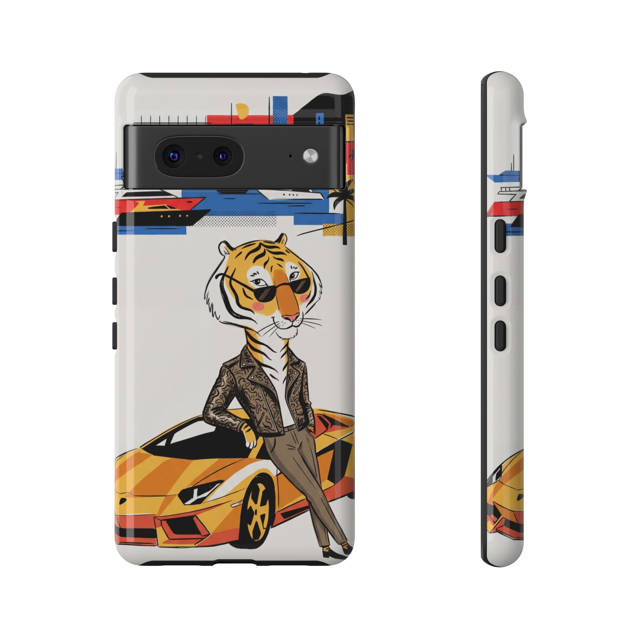 Stylish Tiger with Sports Car Illustration Google Pixel Phone Case