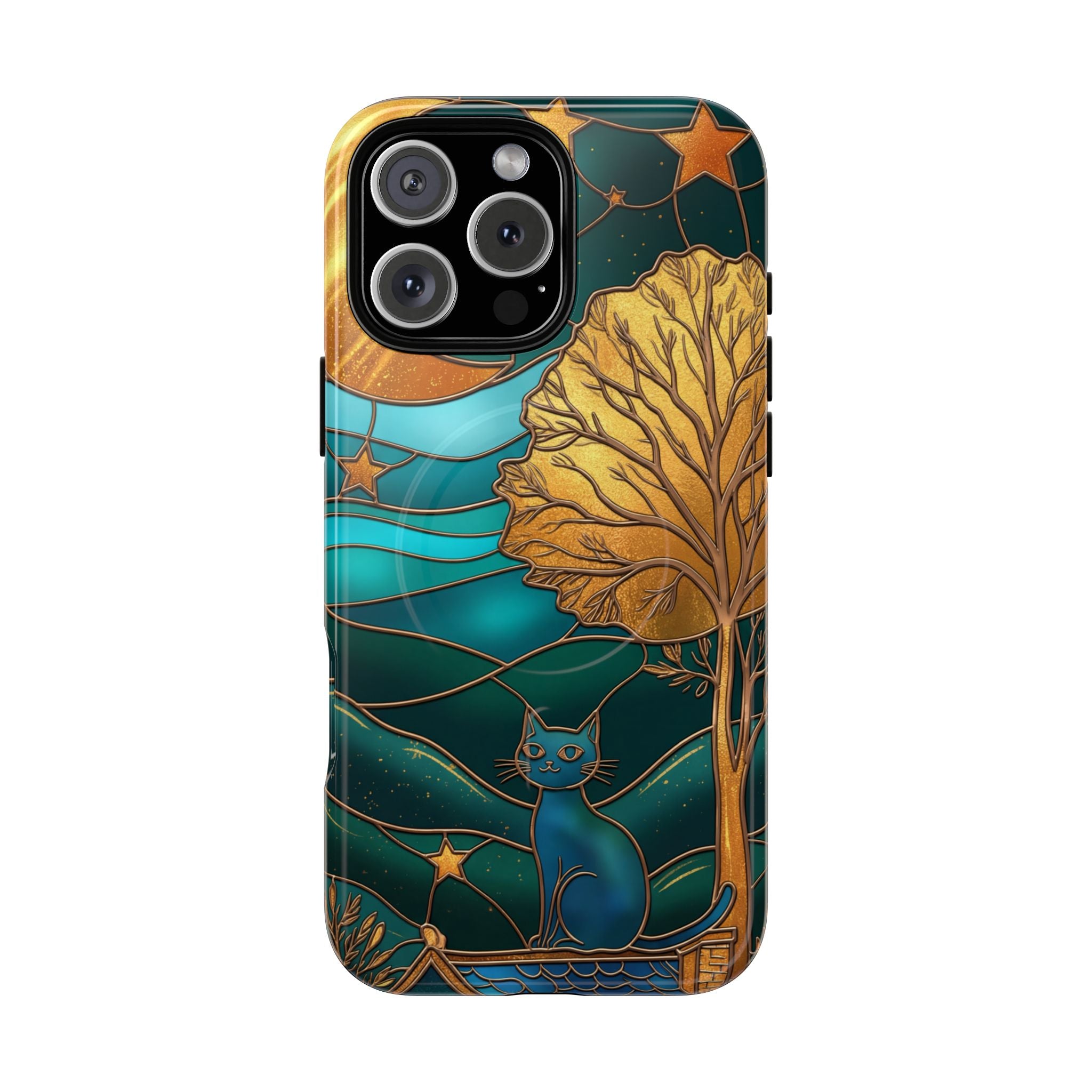 Art Nouveau Cat iPhone Case | Stained Glass Moon & Tree Tough MagSafe Case