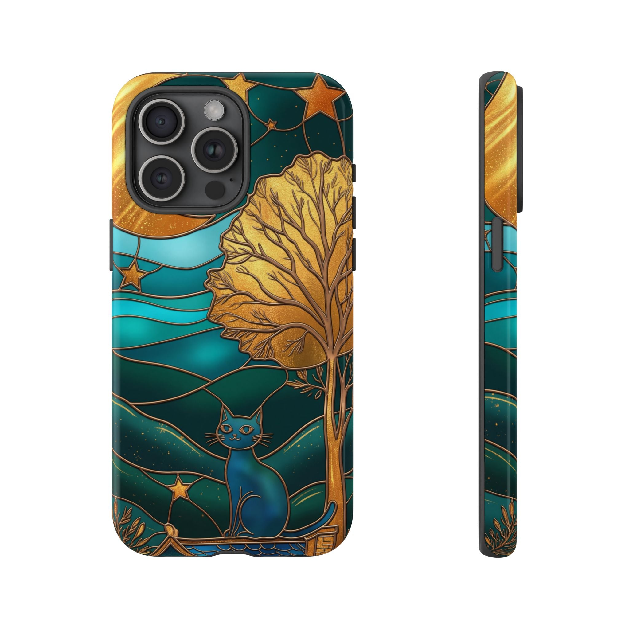 Stained Glass Cat Tough iPhone Case — Gold Tree & Starry Night Design