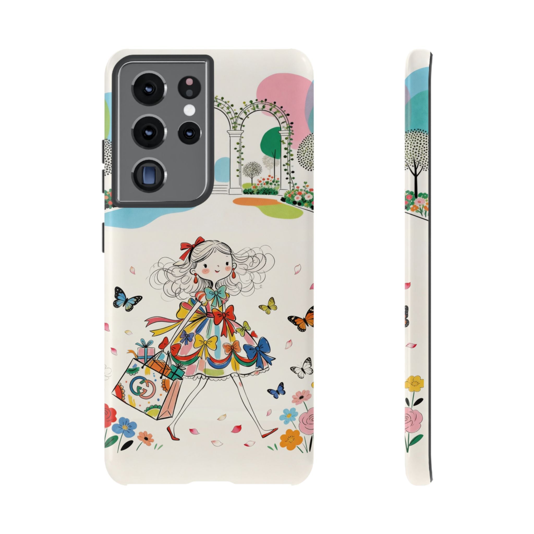 Whimsical Shopping Girl Samsung Galaxy Phone Case | Cute Floral Butterfly Tough Case