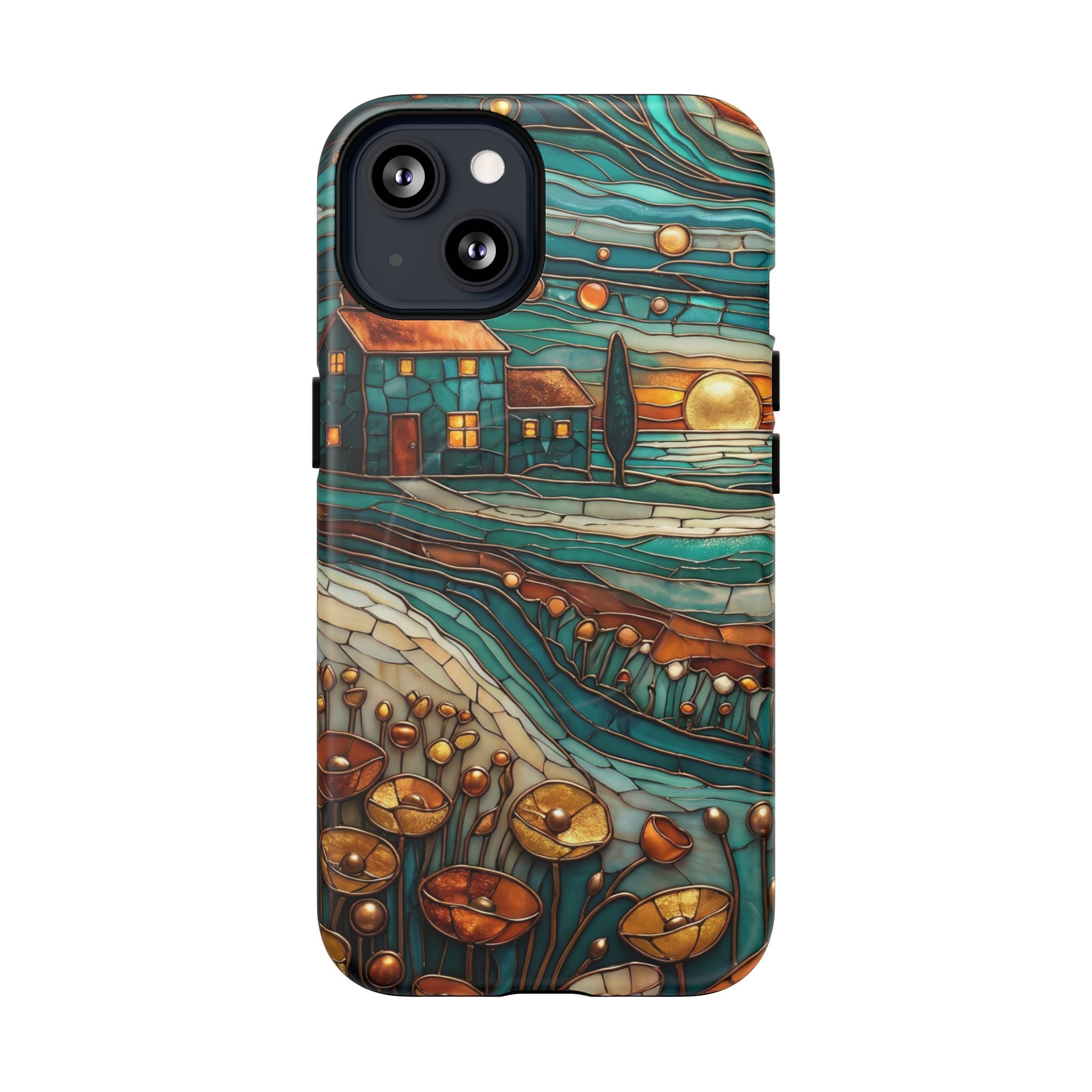 Custodia per telefono MagSafe resistente con paesaggio rustico al tramonto | Custodia protettiva artistica color verde acqua e rame