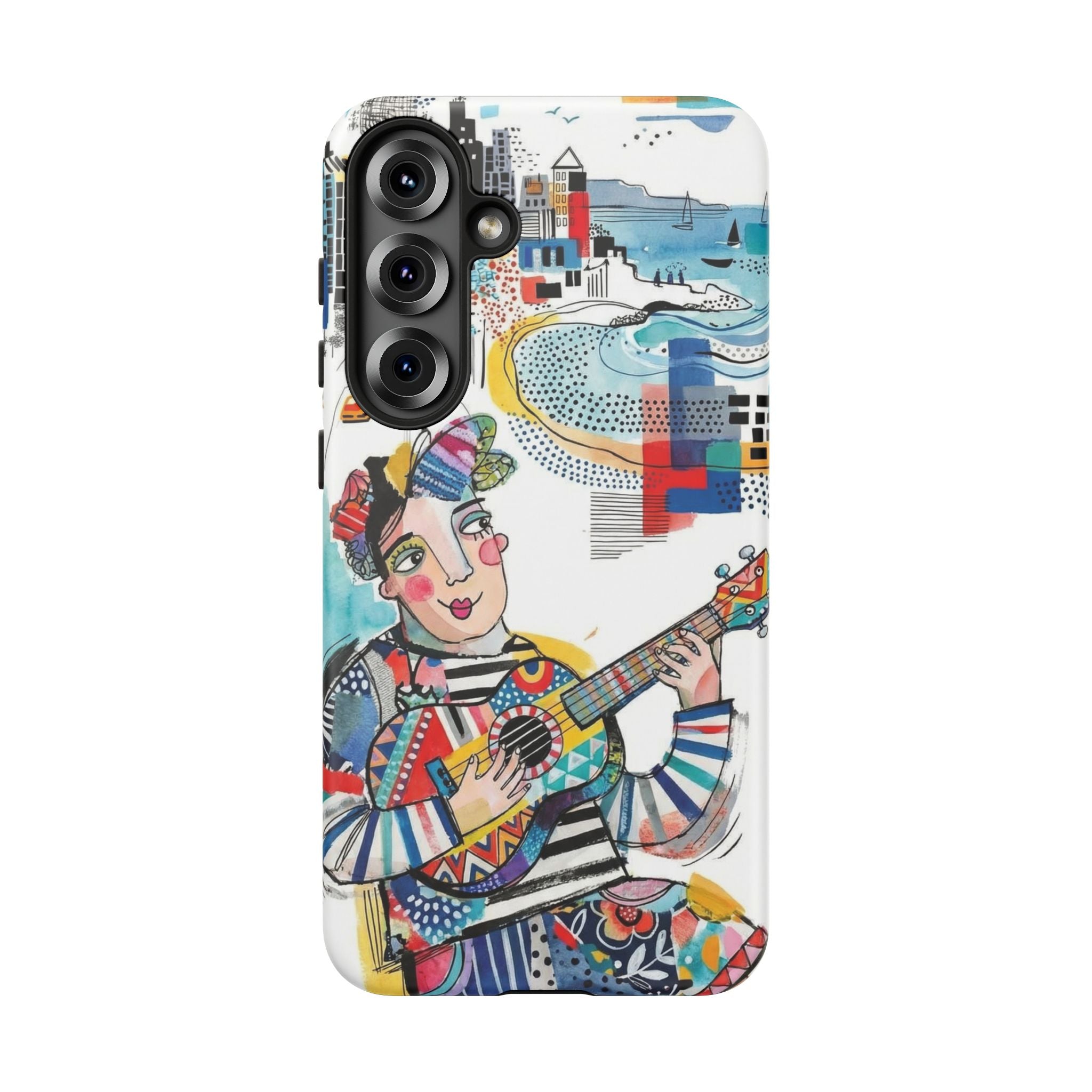 Custodia per Samsung Galaxy per Musicisti Artistici | Custodia Resistente con Chitarra Colorata e Paesaggio Urbano