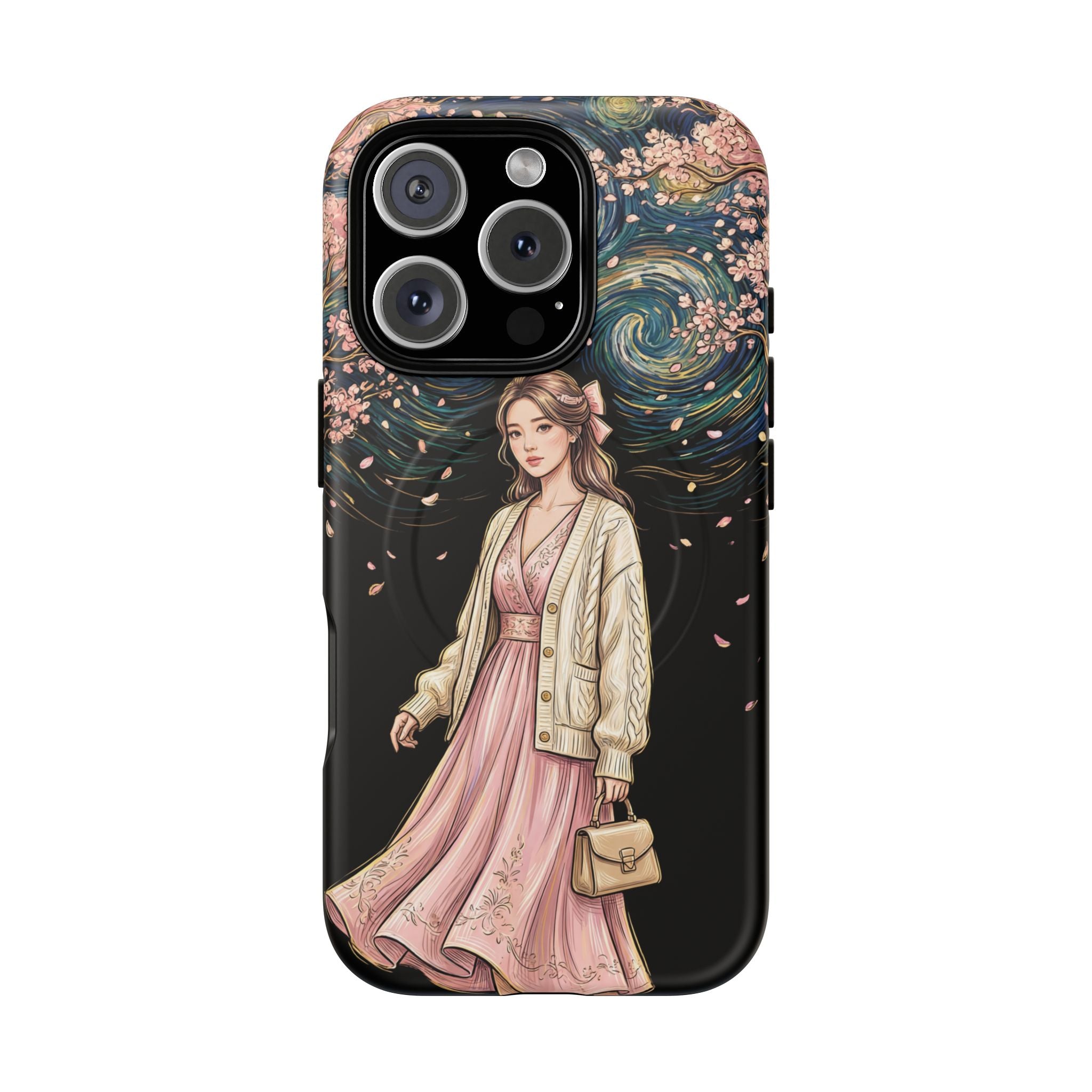 Floral Starry Night MagSafe iPhone Case | Elegant Girl in Pink Dress