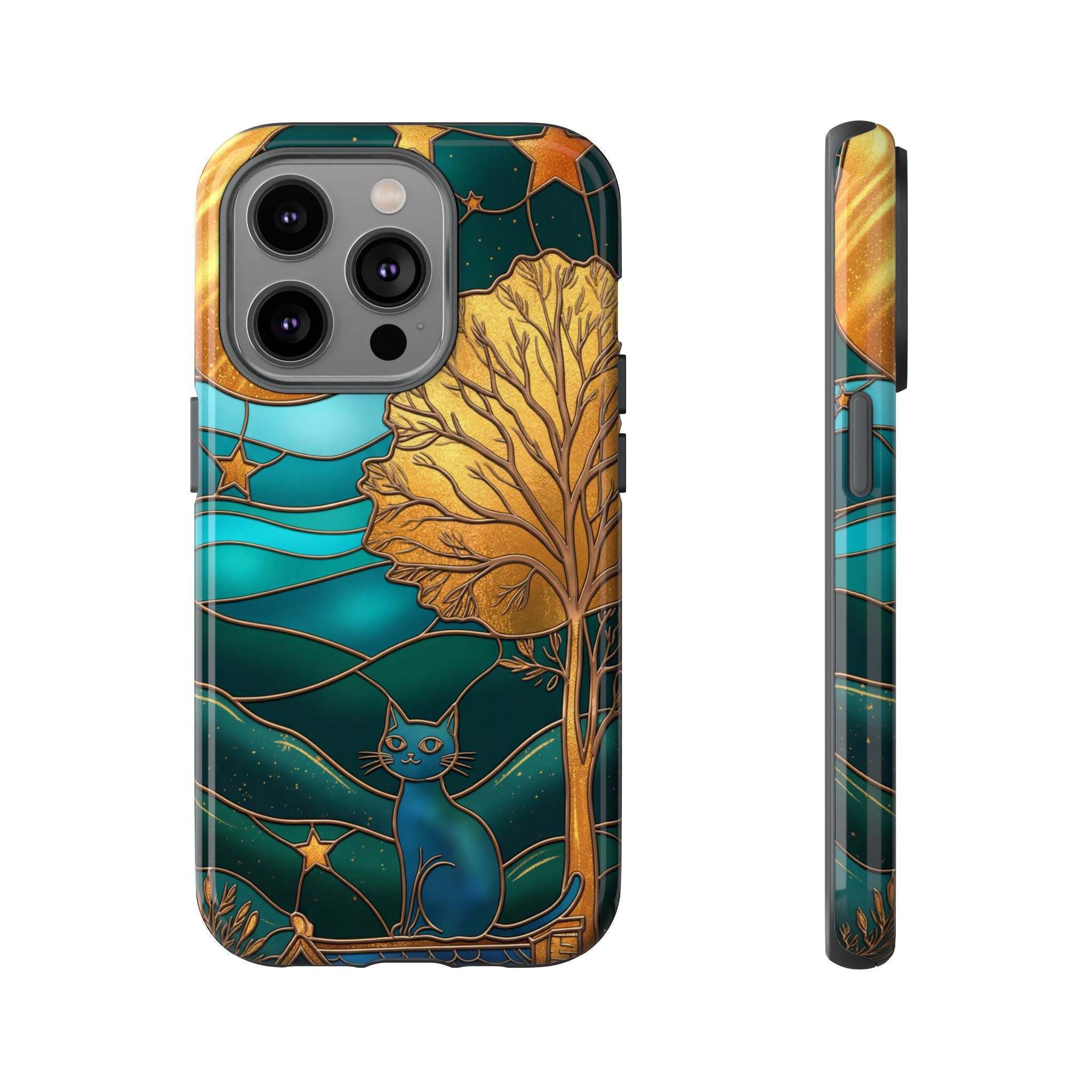 Stained Glass Cat Tough iPhone Case — Gold Tree & Starry Night Design