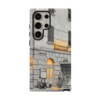 Custodia per Samsung Galaxy con stazione ferroviaria Cinque Terre | Schizzo in bianco e nero con accenti gialli caldi
