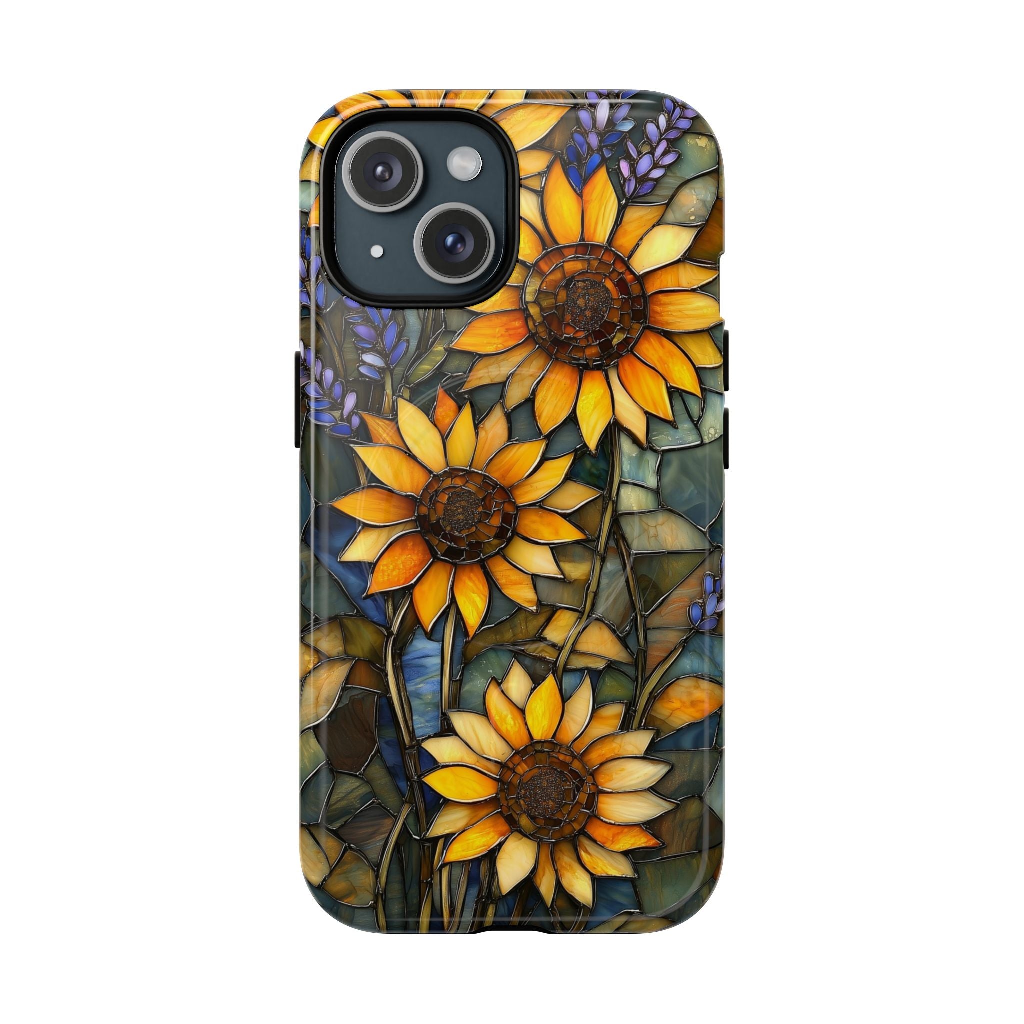 Custodia MagSafe resistente per iPhone con motivo a girasole in vetro colorato