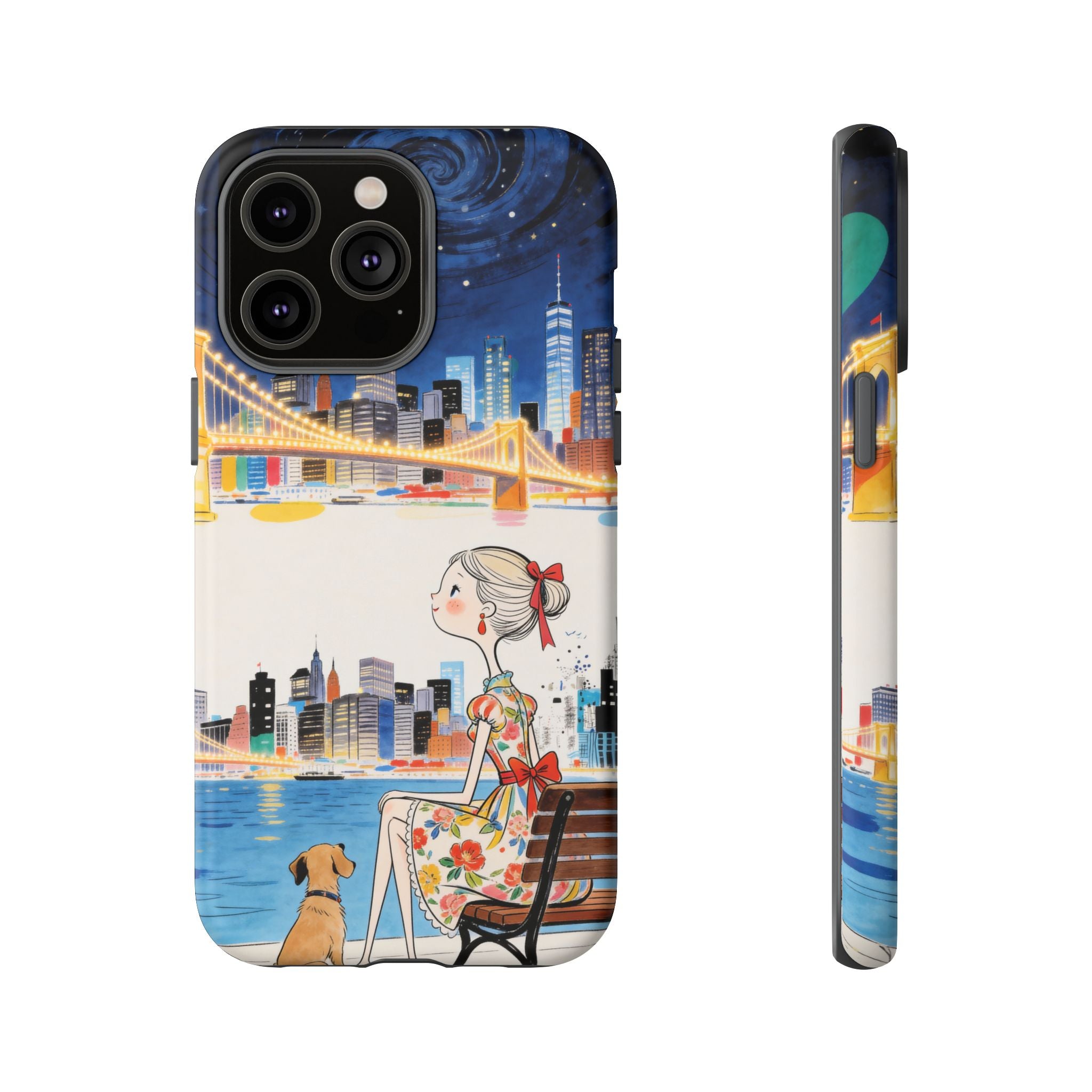 City Night iPhone Case | Cute Girl & Dog Bench Illustration