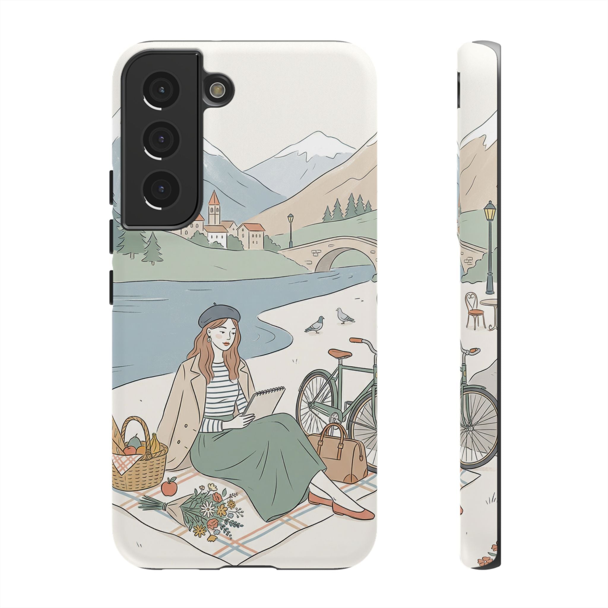 Scenic Picnic Samsung Galaxy Phone Case | Vintage Bicycle & Mountain Illustration
