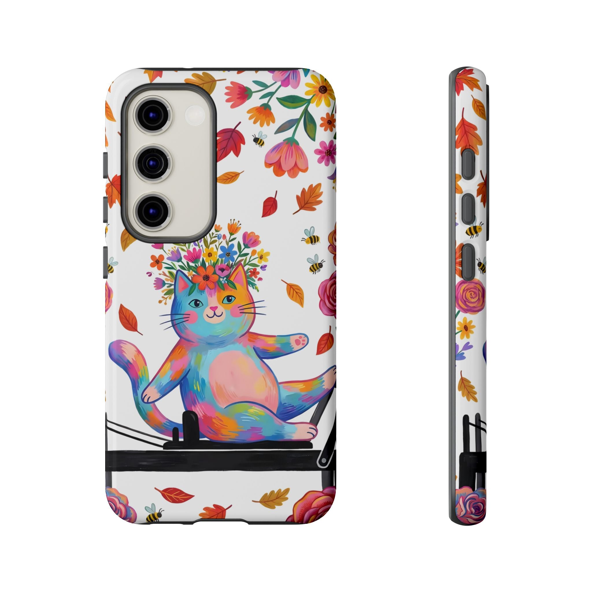Colorful Floral Cat on Pilates Reformer Protective Samsung Galaxy Phone Case