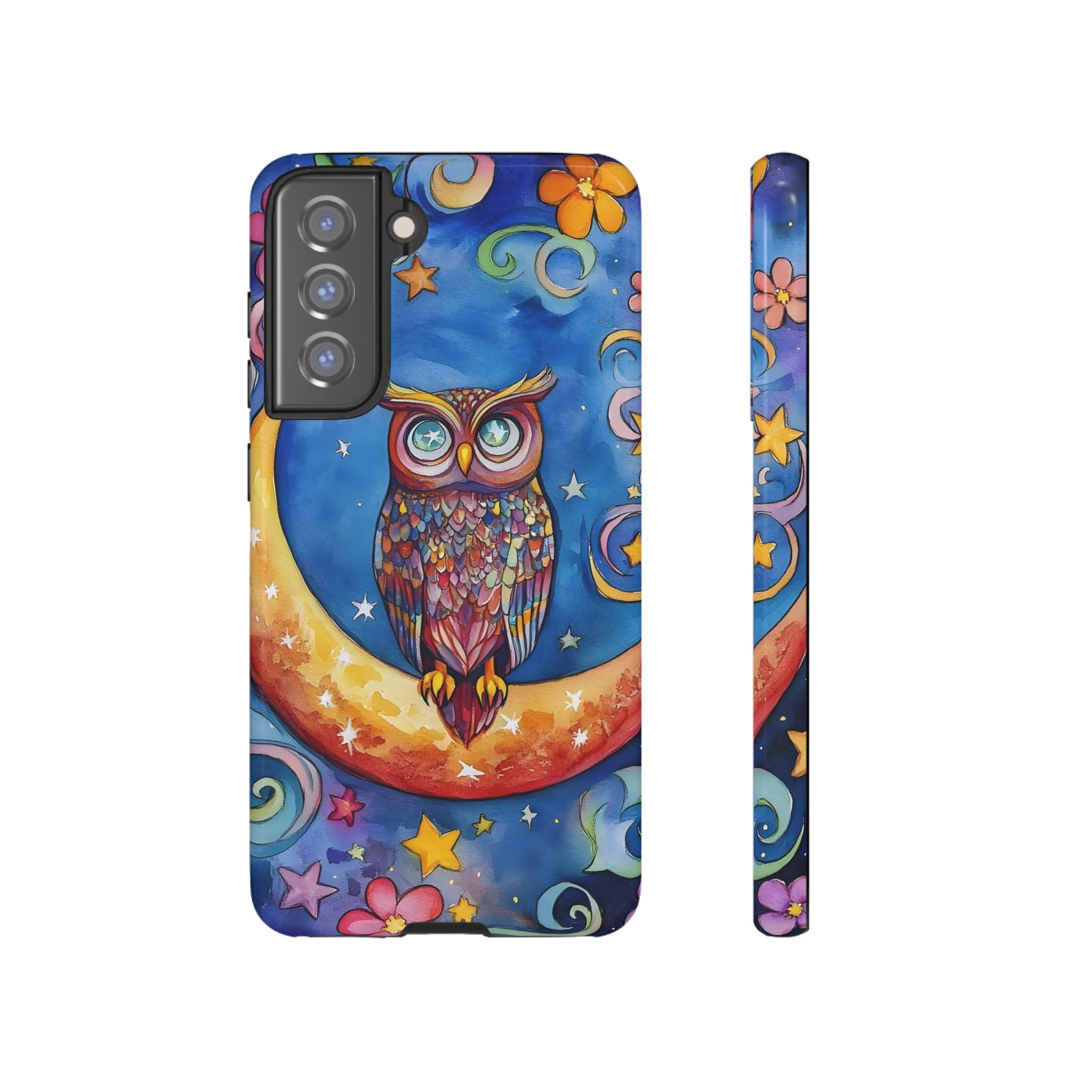Owl on Crescent Moon Samsung Galaxy Case — Colourful Whimsical Night Sky Design