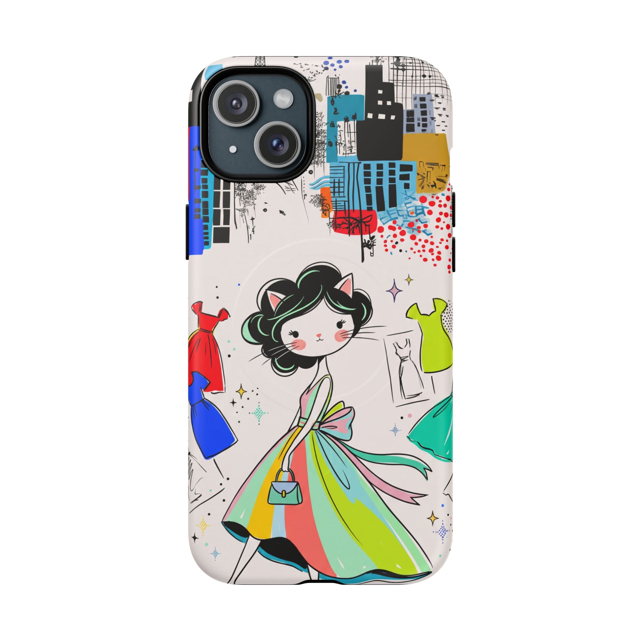 Retro Fashion Cat Girl MagSafe iPhone Case | Cute Dress & City Print