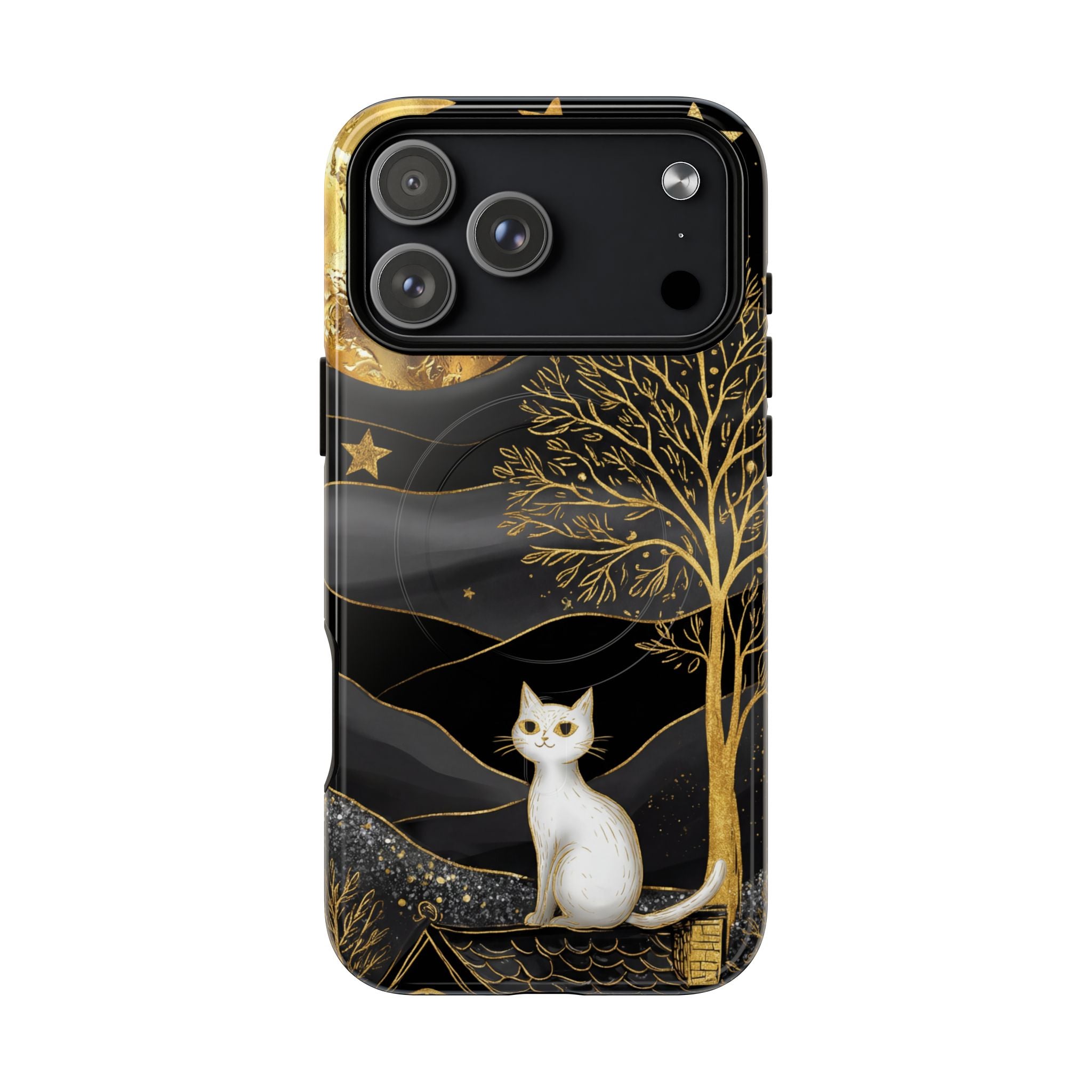 Custodia per iPhone Moonlit Cat | Custodia resistente MagSafe nera e oro