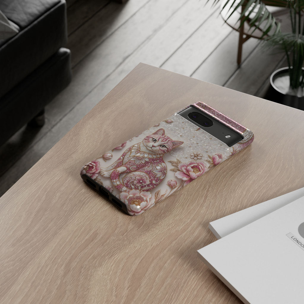 Cover per cellulare Google Pixel con gatto floreale vintage | Cover per telefono con luna rosa e rose