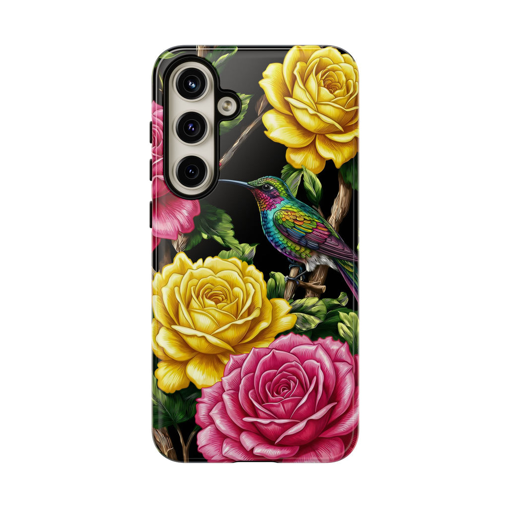 Floral Hummingbird Tough Samsung Galaxy Phone Case | Vibrant Rose & Yellow Garden Protection
